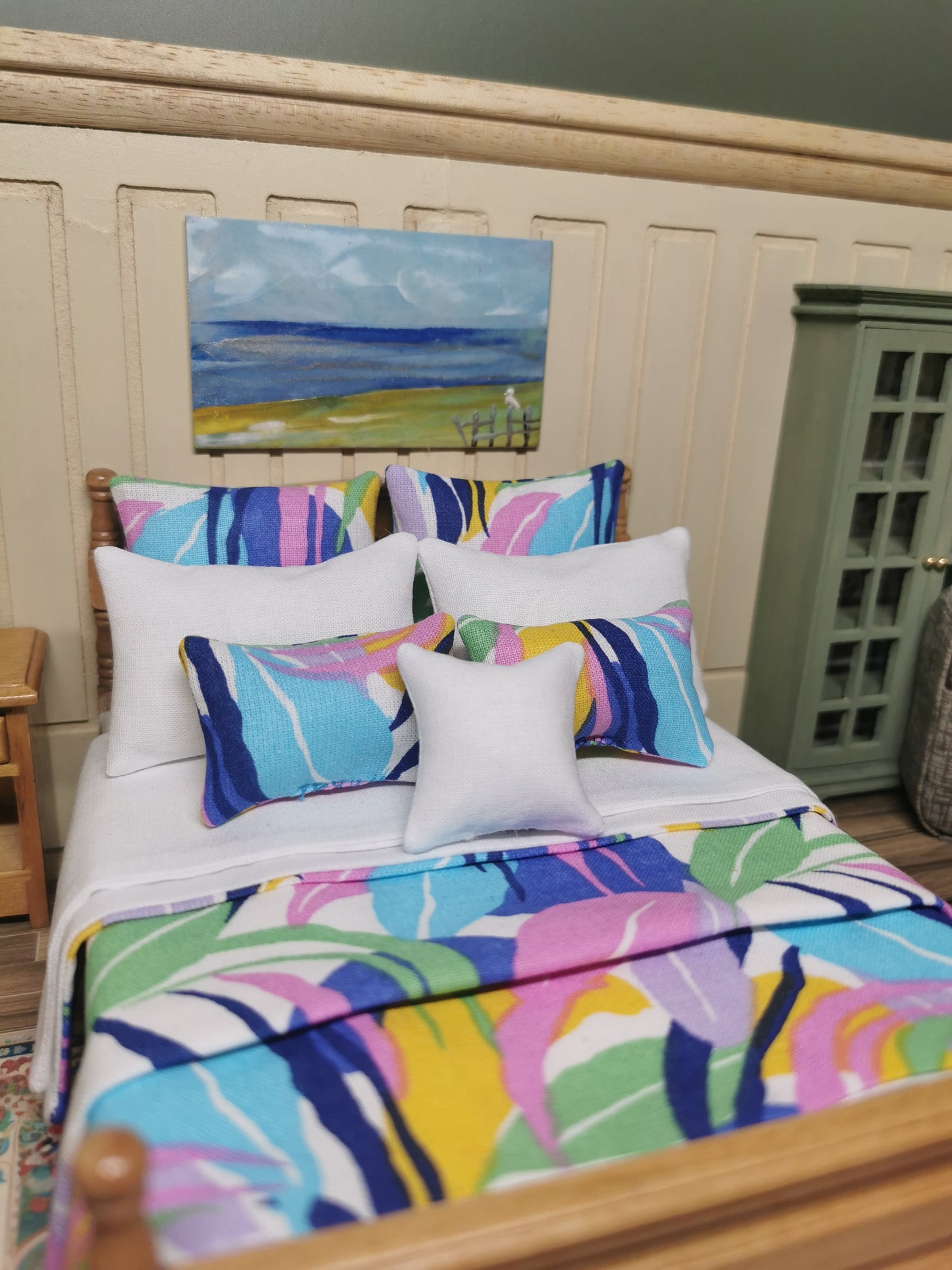 White & Multicoloured Leaf Print Bed Linen | 1:12th Scale | Set of 9 | Handmade