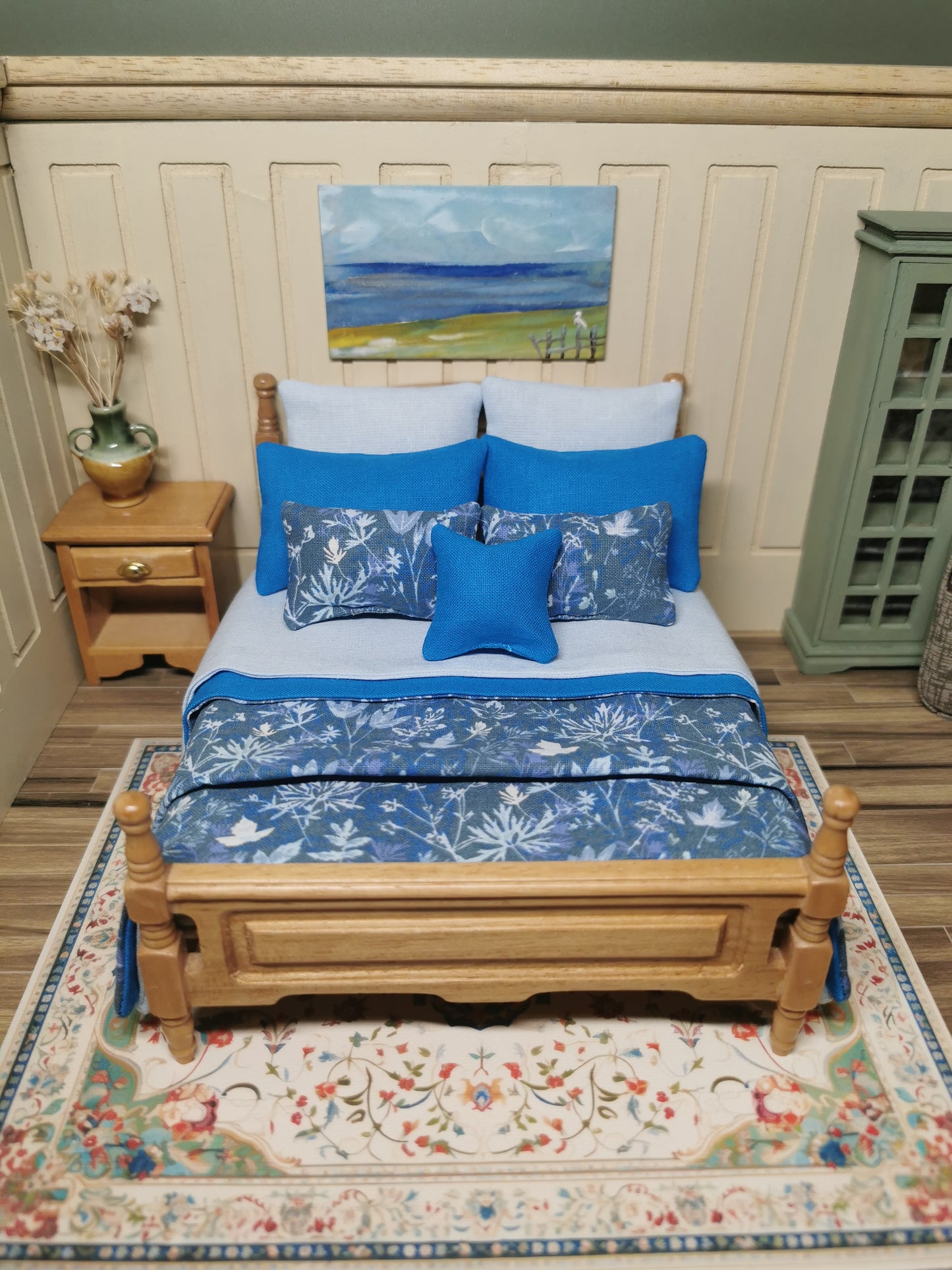 Blue Floral Print Bed Linen | 1:12th Scale | Set of 9 | Handmade