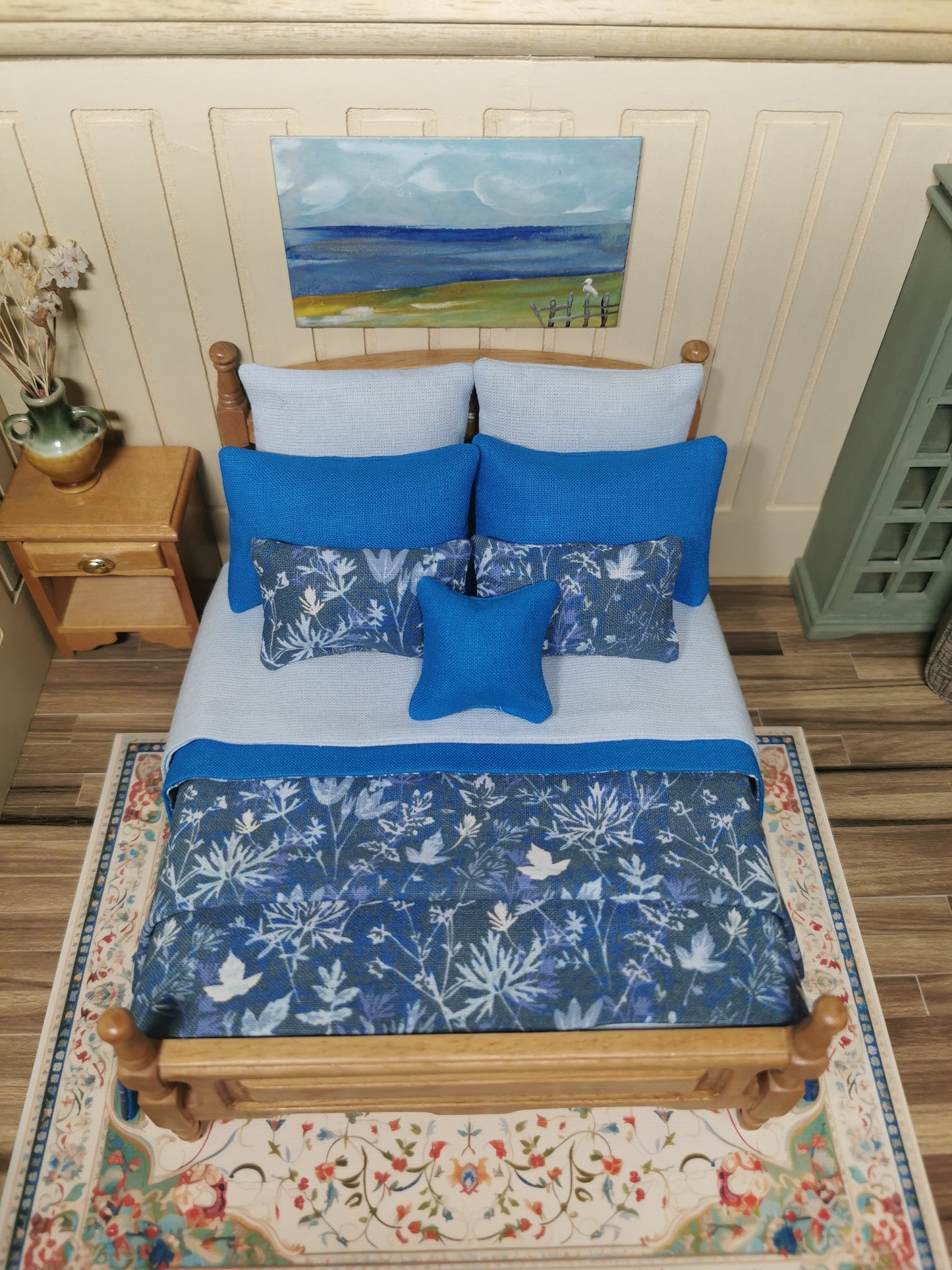 Blue Floral Print Bed Linen | 1:12th Scale | Set of 9 | Handmade