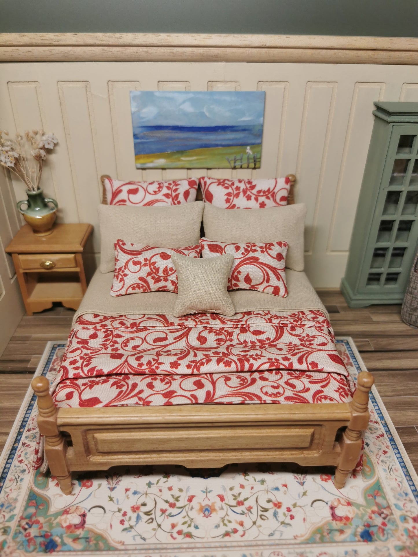 Red & Stone Swirl Print Bed Linen | 1:12th Scale | Set of 9 | Handmade