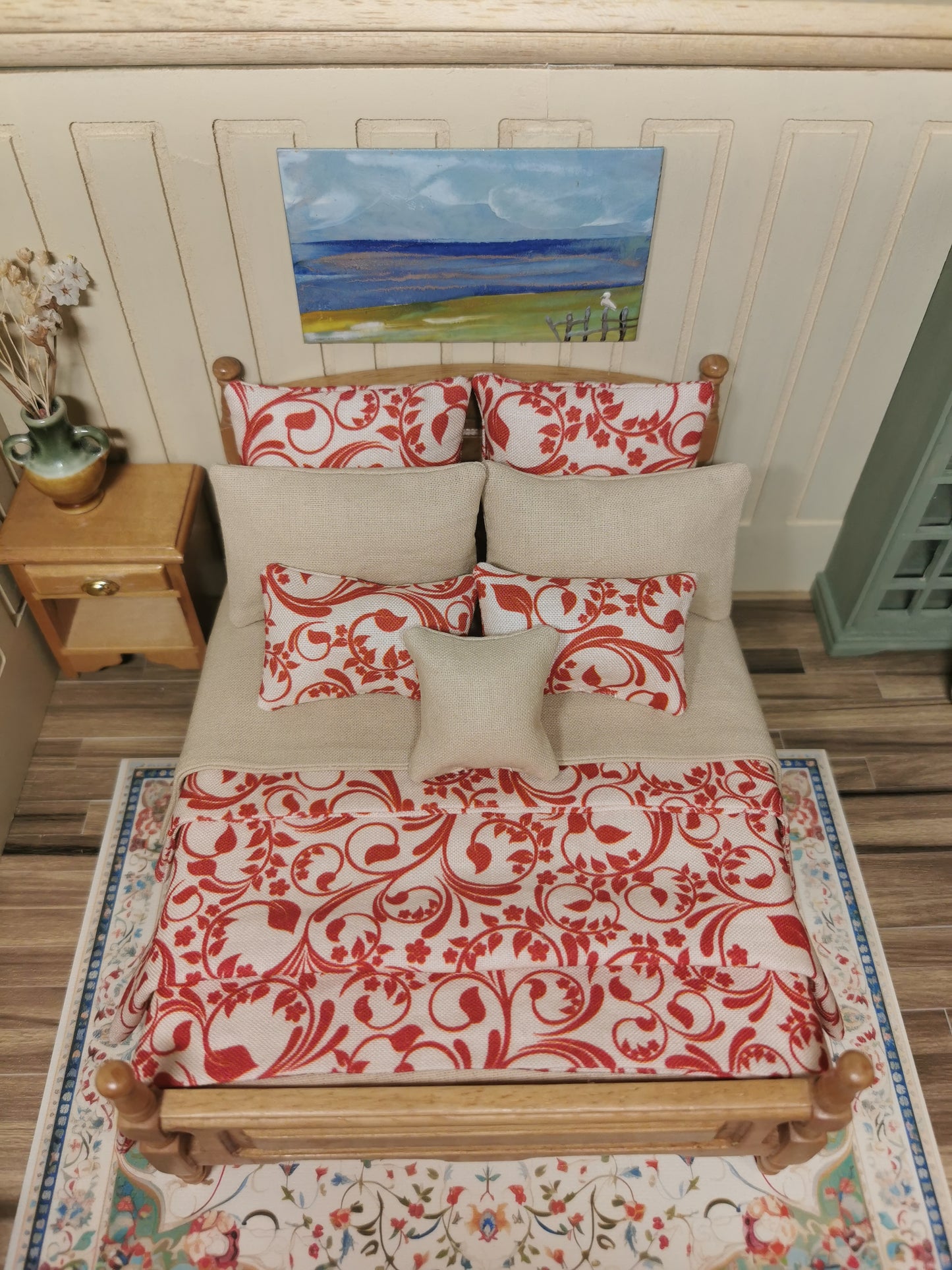 Red & Stone Swirl Print Bed Linen | 1:12th Scale | Set of 9 | Handmade