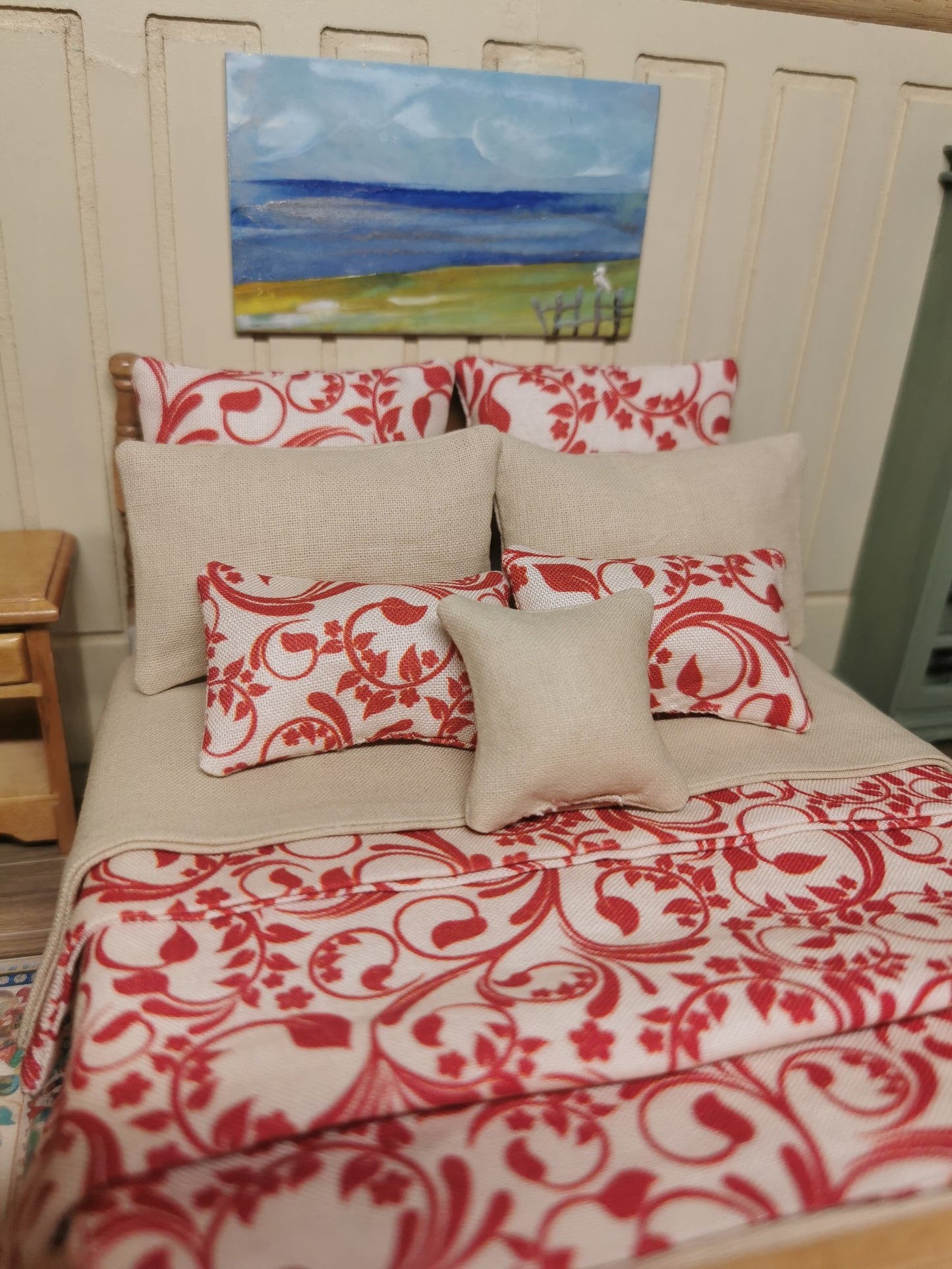 Red & Stone Swirl Print Bed Linen | 1:12th Scale | Set of 9 | Handmade