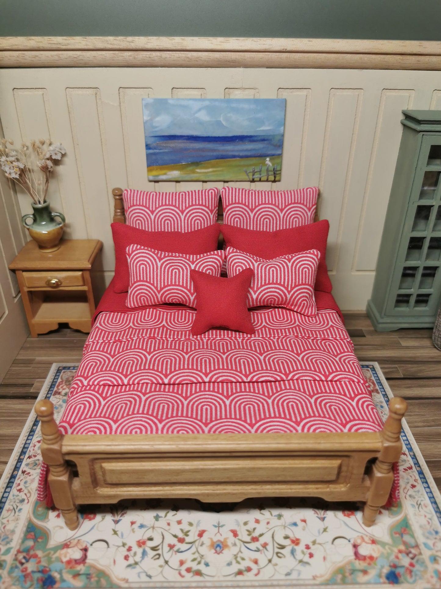 Red & White Geometric Print Bed Linen | 1:12th Scale | Set of 9 | Handmade