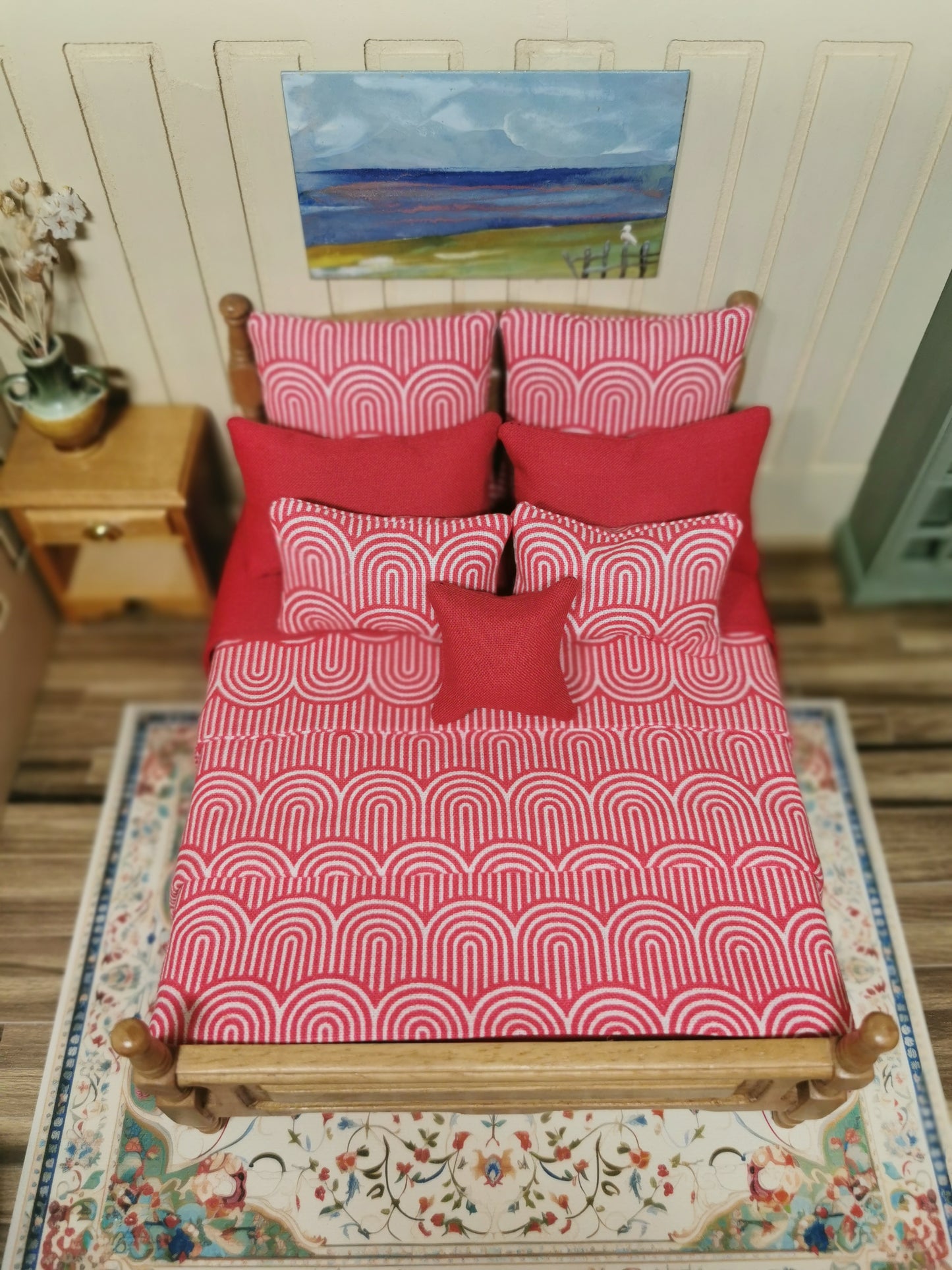 Red & White Geometric Print Bed Linen | 1:12th Scale | Set of 9 | Handmade