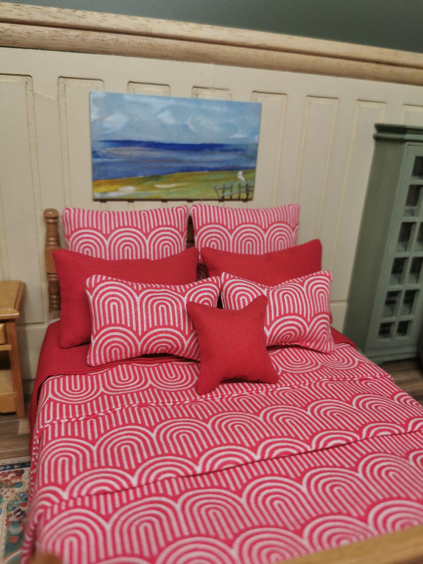 Red & White Geometric Print Bed Linen | 1:12th Scale | Set of 9 | Handmade