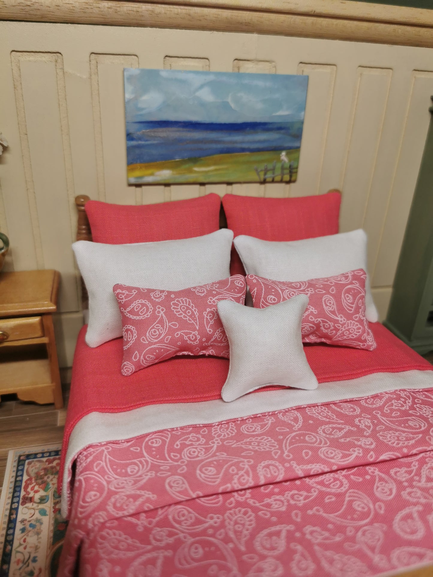 Pink & White Paisley Print Bed Linen | 1:12th Scale | Set of 9 | Handmade