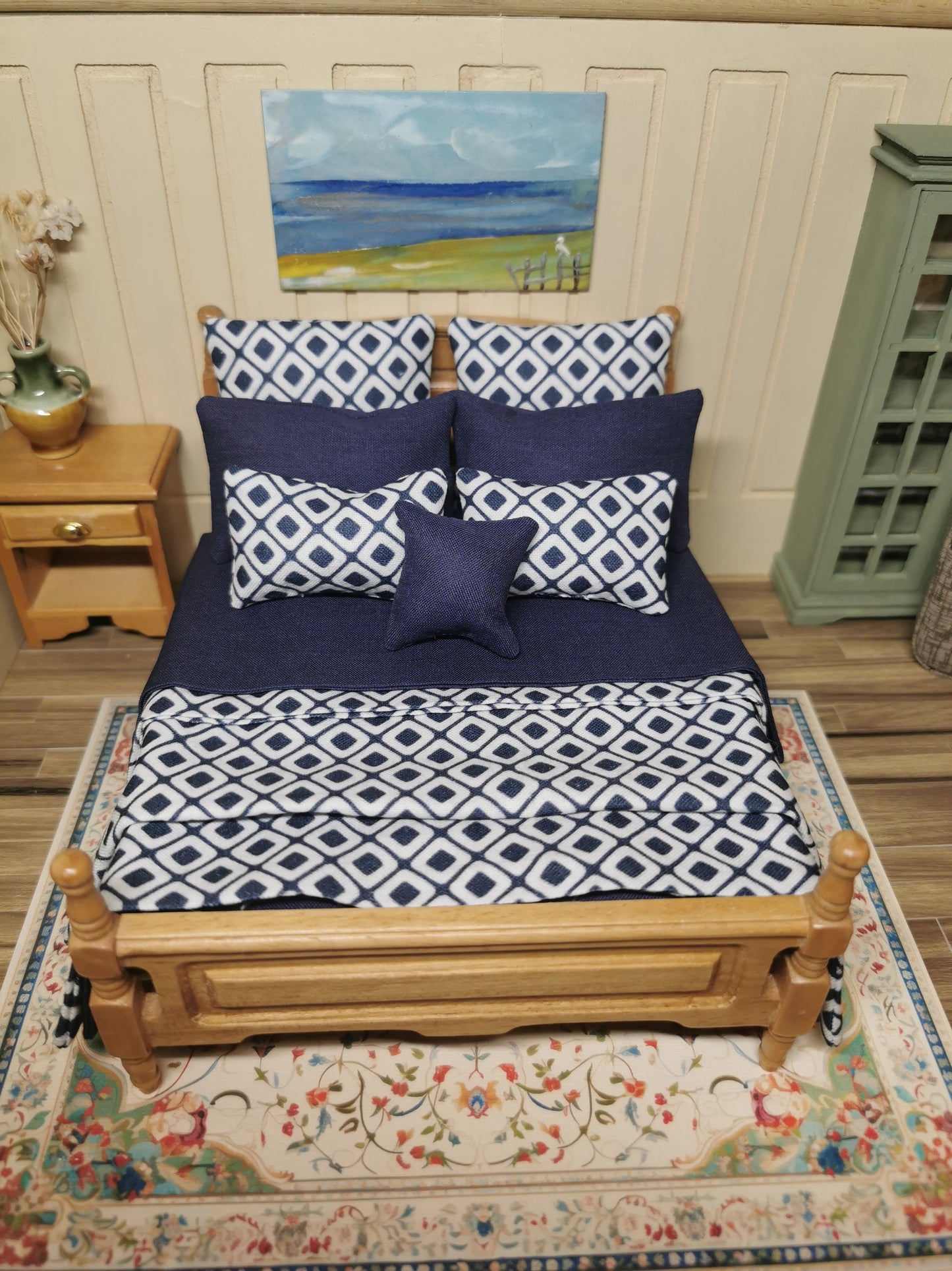 Navy & White Geometric Print Bed Linen | 1:12th Scale | Set of 9 | Handmade