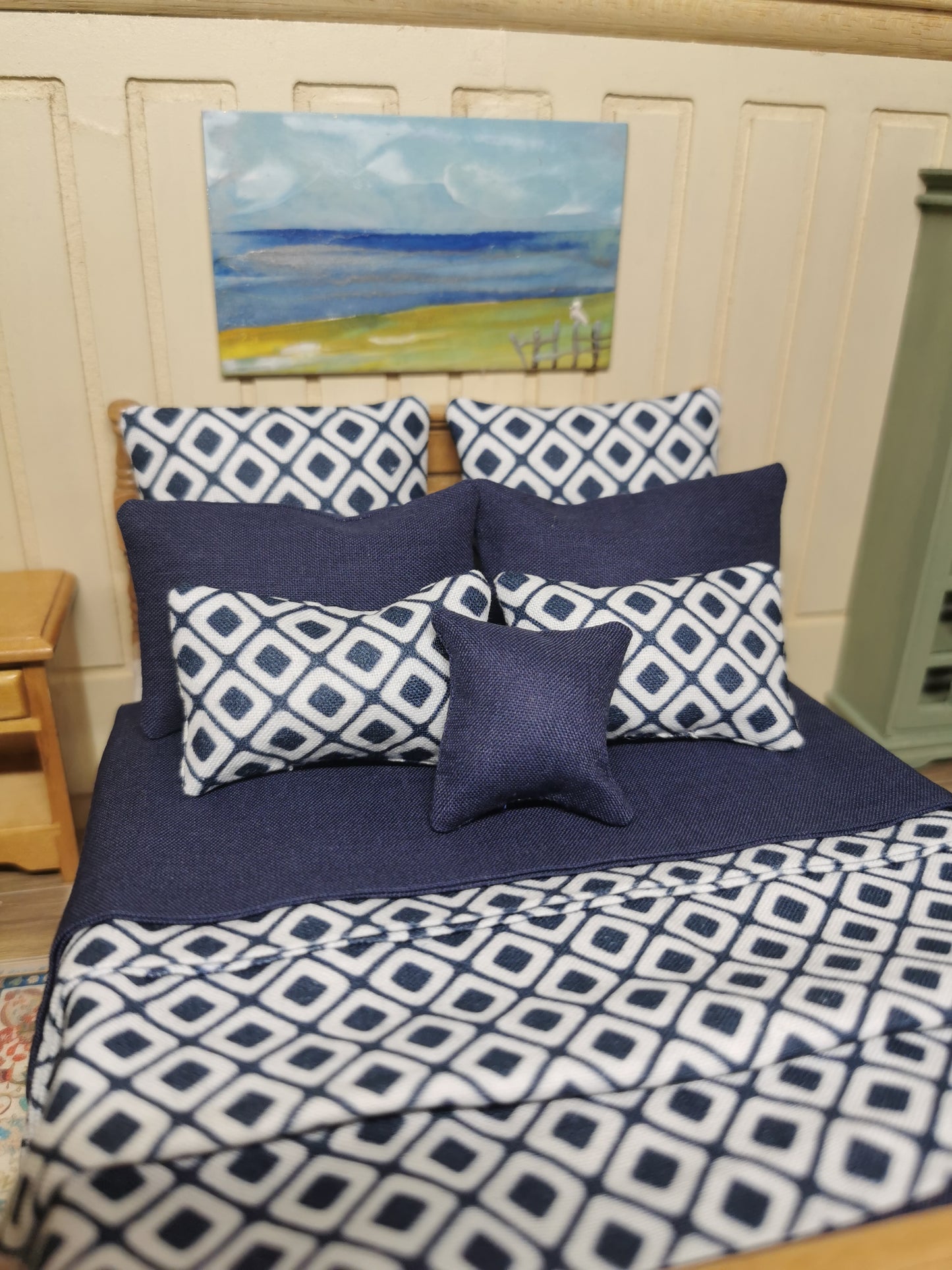 Navy & White Geometric Print Bed Linen | 1:12th Scale | Set of 9 | Handmade