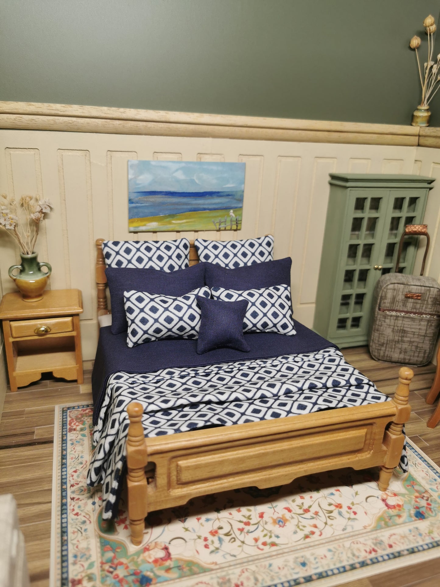 Navy & White Geometric Print Bed Linen | 1:12th Scale | Set of 9 | Handmade