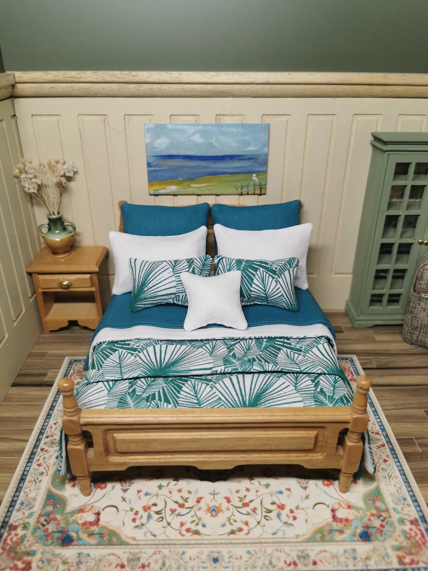 Teal & White Palm Tree Print Bed Linen | 1:12th Scale | Set of 9 | Handmade