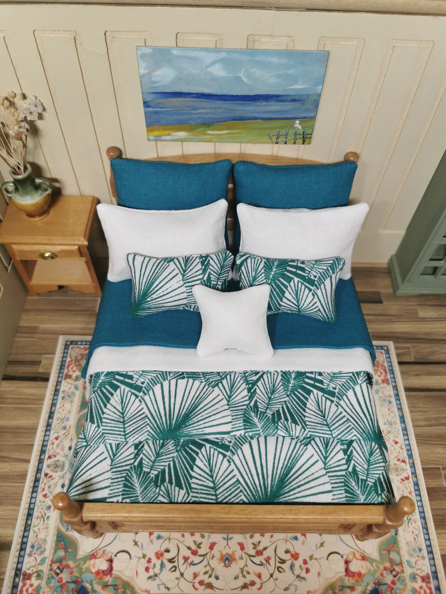 Teal & White Palm Tree Print Bed Linen | 1:12th Scale | Set of 9 | Handmade