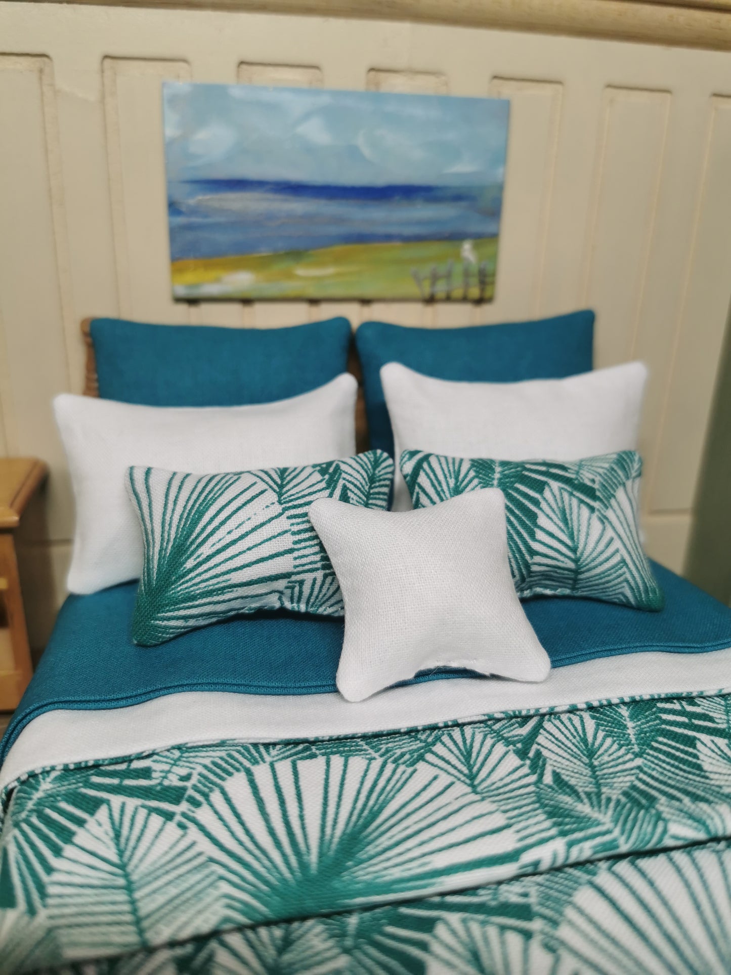 Teal & White Palm Tree Print Bed Linen | 1:12th Scale | Set of 9 | Handmade