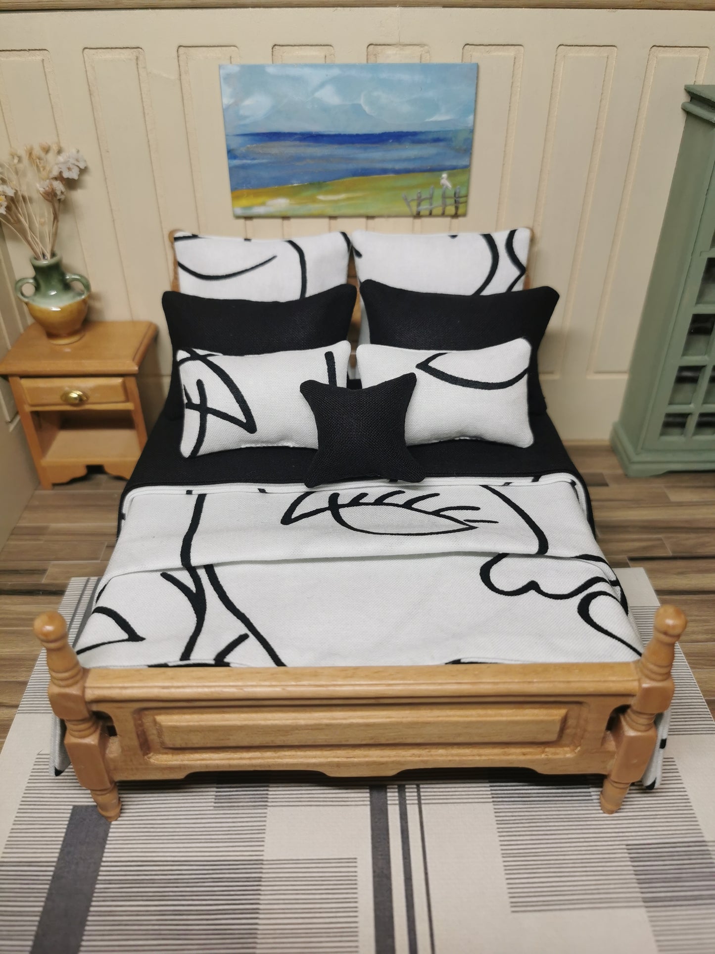 White & Black Abstract Line Print Bed Linen | 1:12th Scale | Set of 9 | Handmade