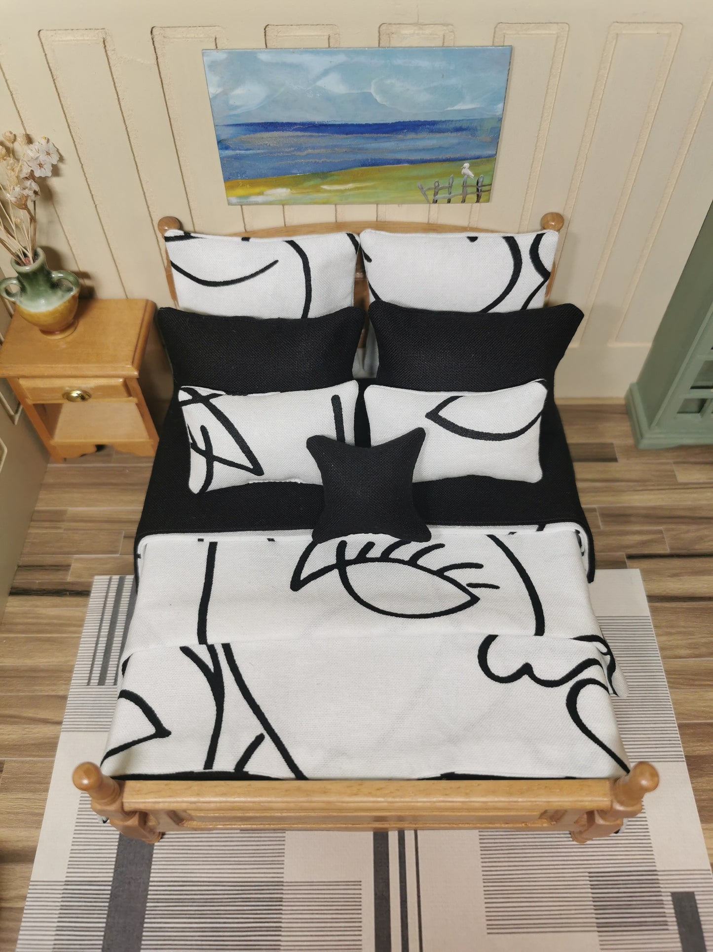 White & Black Abstract Line Print Bed Linen | 1:12th Scale | Set of 9 | Handmade