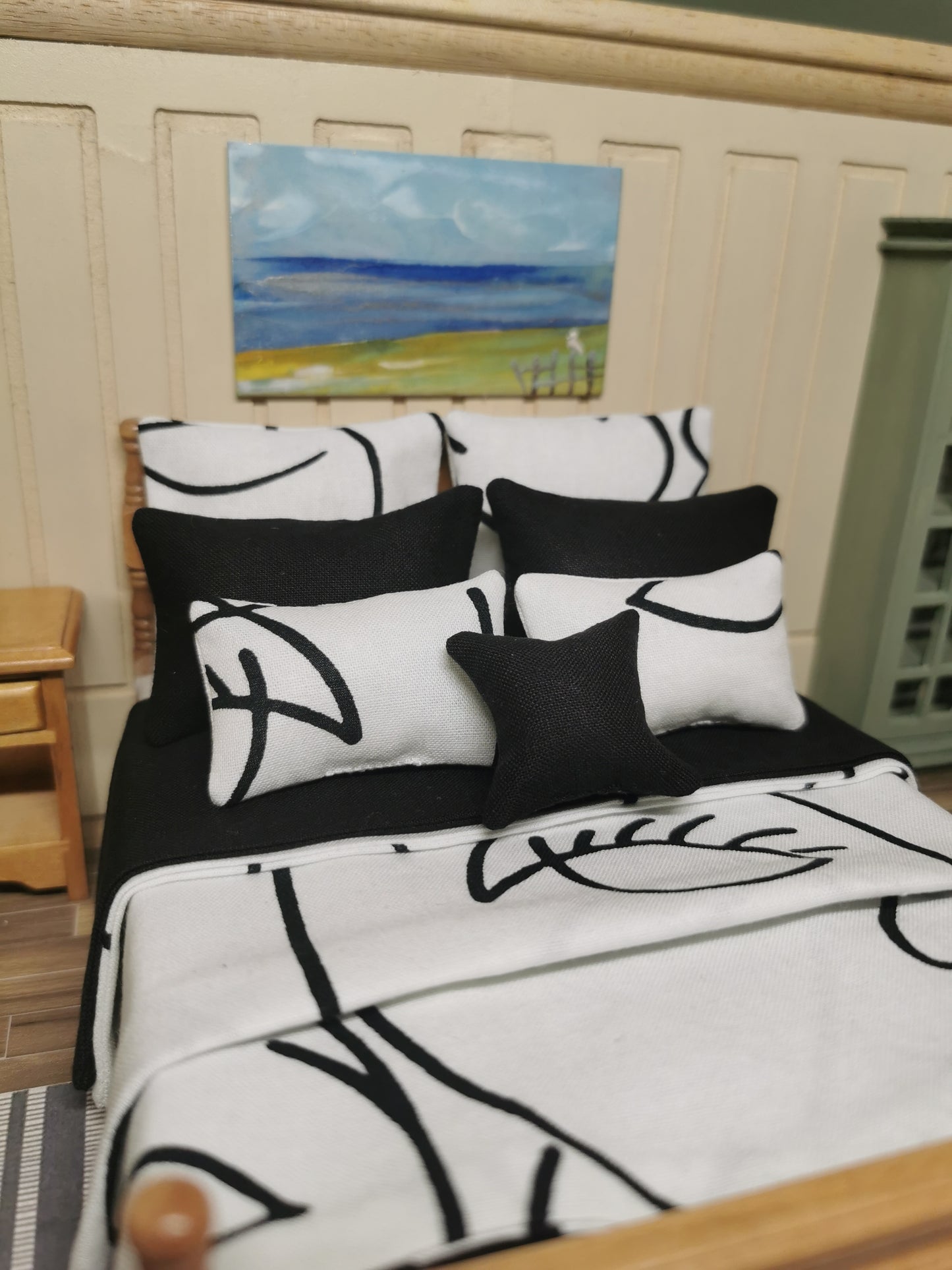 White & Black Abstract Line Print Bed Linen | 1:12th Scale | Set of 9 | Handmade