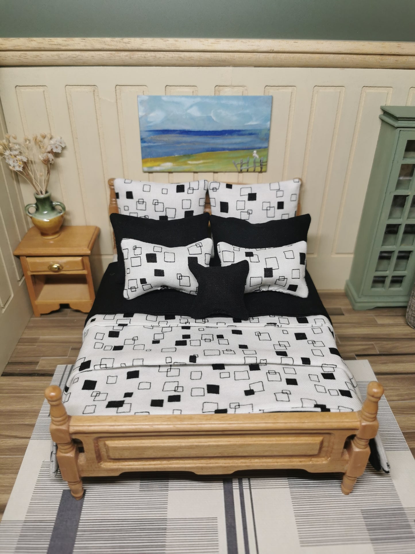 White & Black Geometric Print Bed Linen | 1:12th Scale | Set of 9 | Handmade