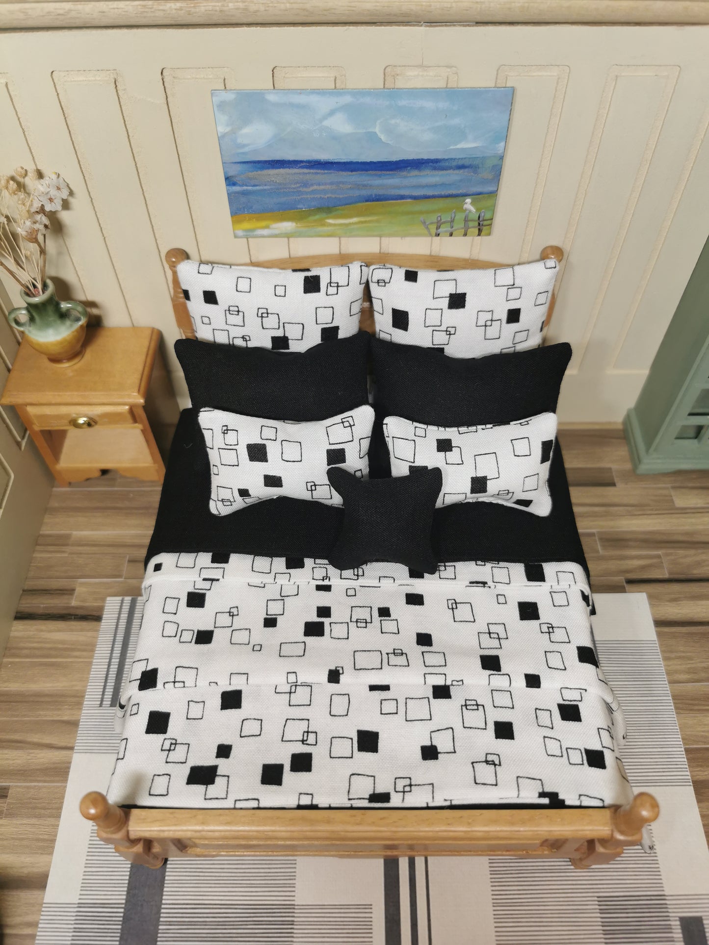 White & Black Geometric Print Bed Linen | 1:12th Scale | Set of 9 | Handmade