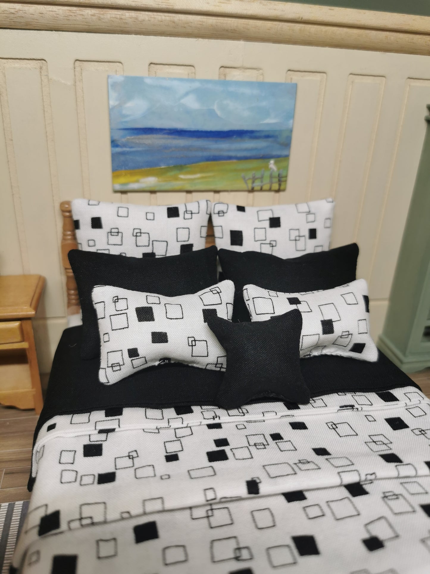 White & Black Geometric Print Bed Linen | 1:12th Scale | Set of 9 | Handmade