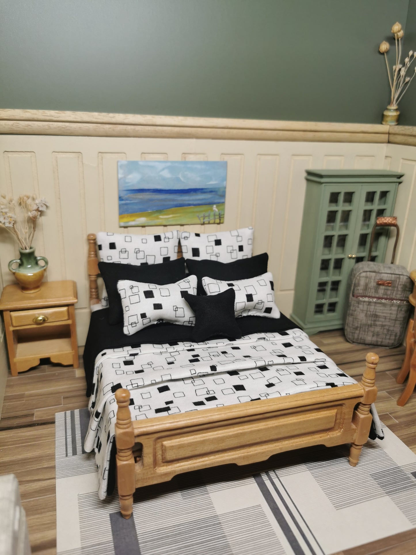 White & Black Geometric Print Bed Linen | 1:12th Scale | Set of 9 | Handmade