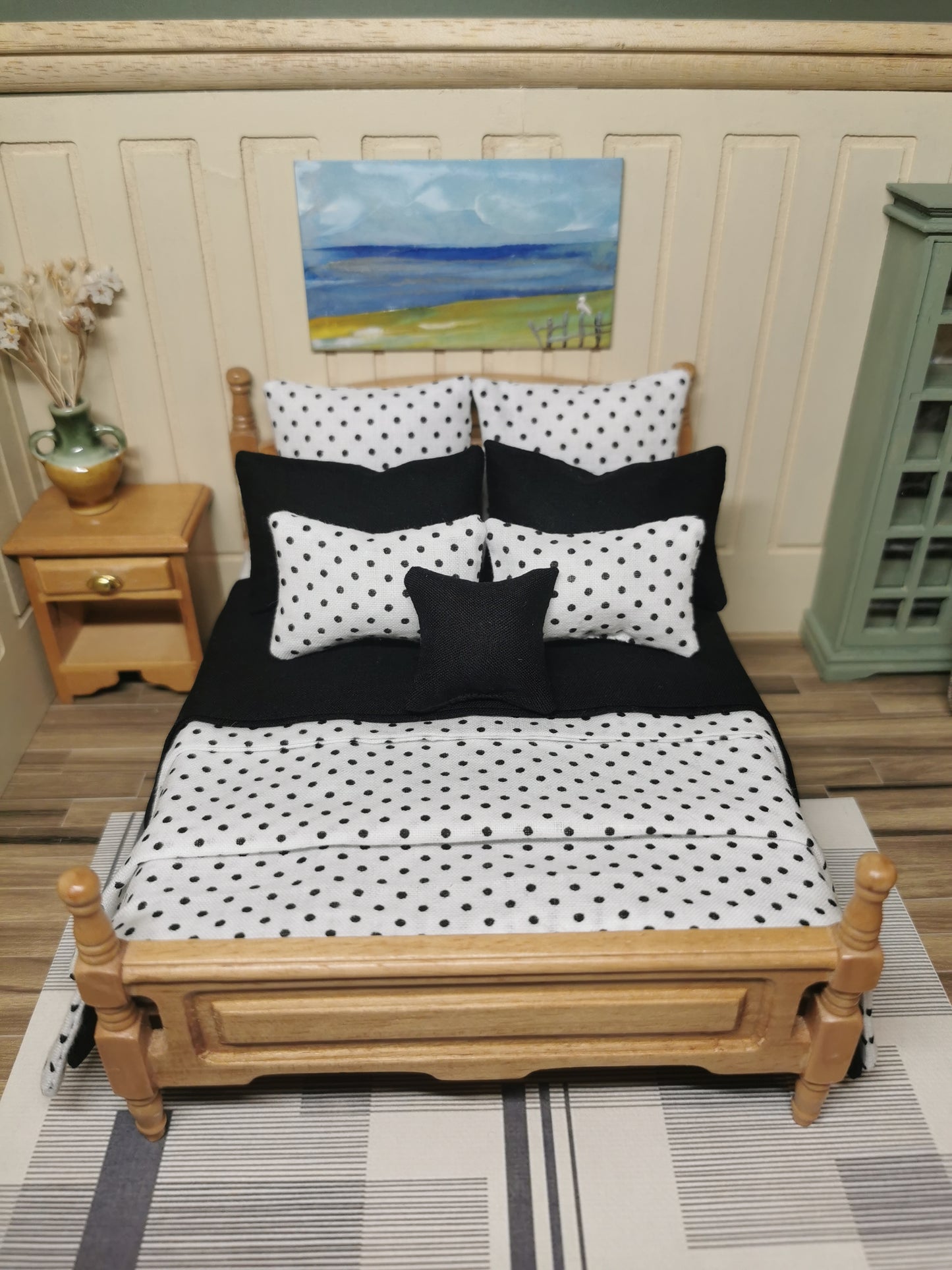 Black & White Polka Dots Print Bed Linen | 1:12th Scale | Set of 9 | Handmade