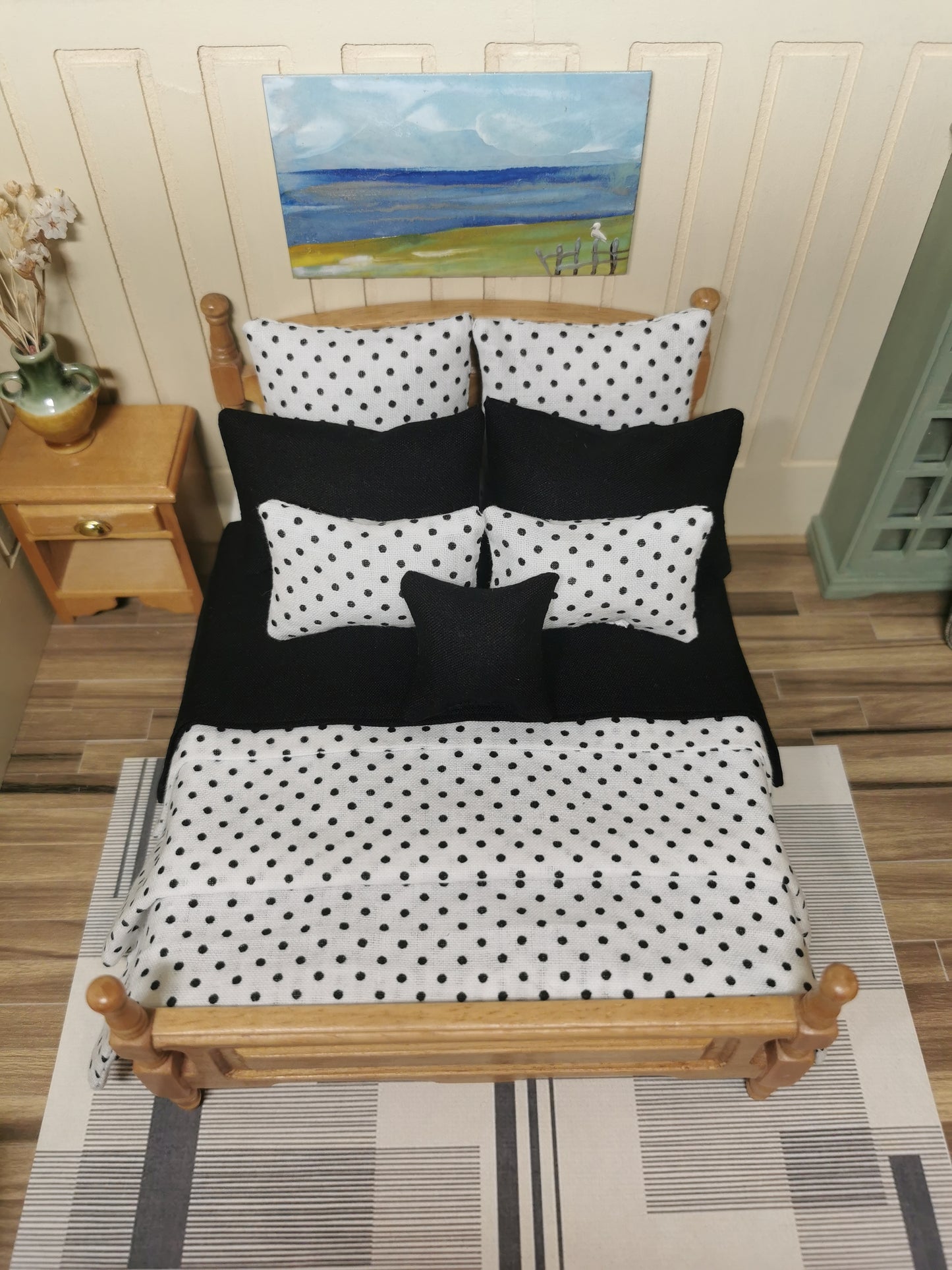 Black & White Polka Dots Print Bed Linen | 1:12th Scale | Set of 9 | Handmade