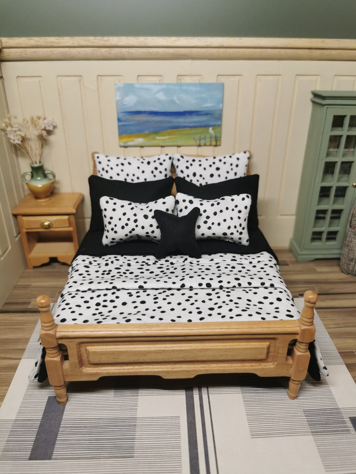 Black & White Dalmatian Spot Print Bed Linen | 1:12th Scale | Set of 9 | Handmade