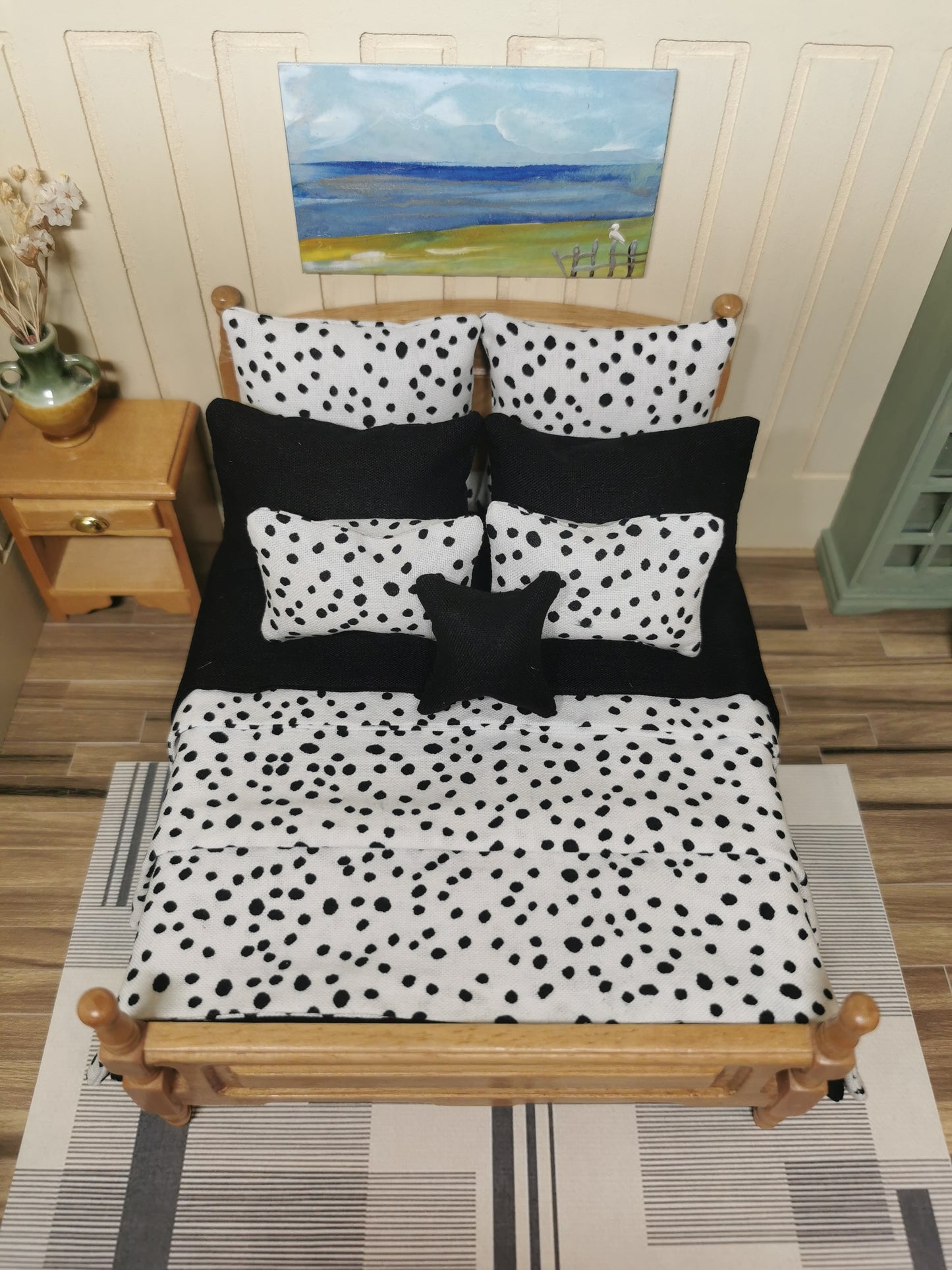 Black & White Dalmatian Spot Print Bed Linen | 1:12th Scale | Set of 9 | Handmade