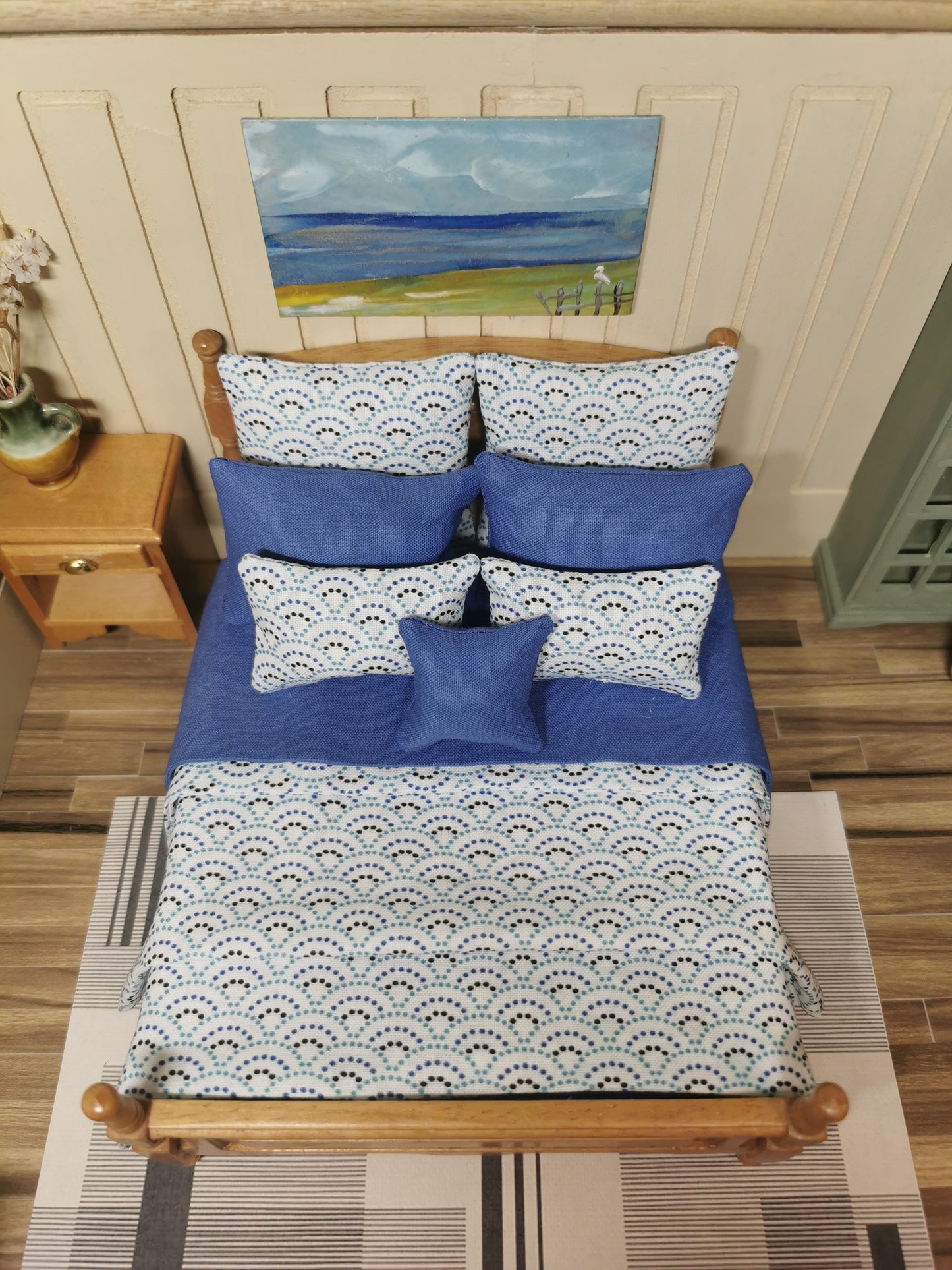 Blue & White Dot Fan Print Bed Linen | 1:12th Scale | Set of 9 | Handmade