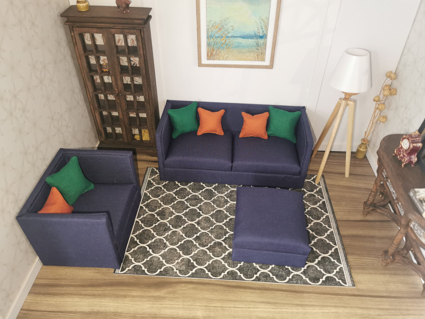 2 Seater Sofa, Chair & Ottoman Set | 1:12th Scale | Made To Order | Cushions/Pillows included | Handmade