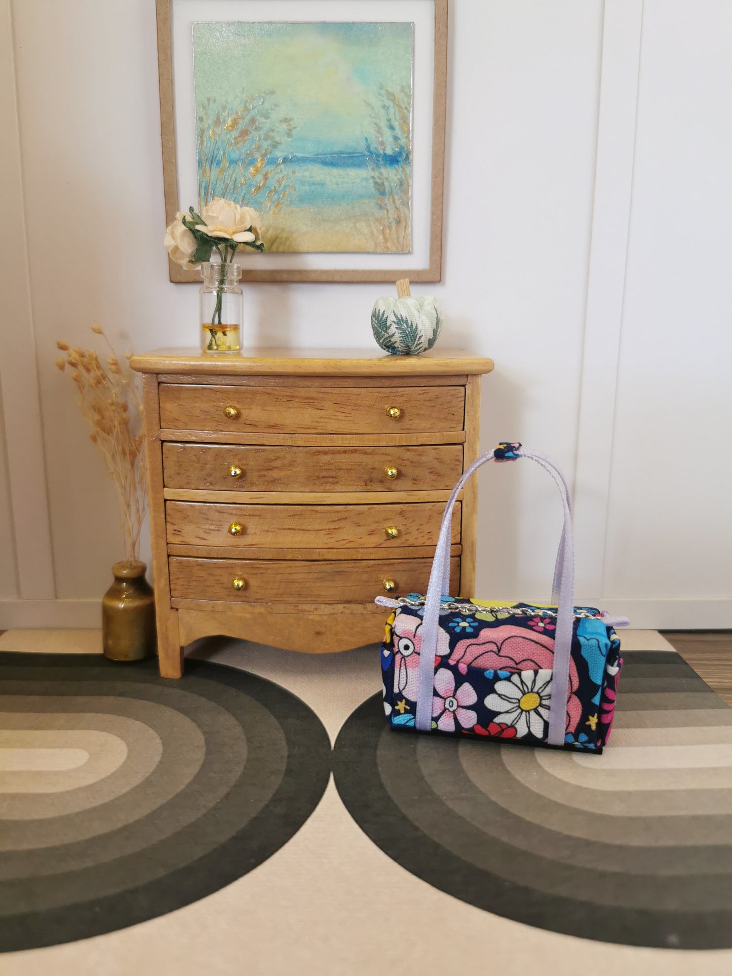 Navy Floral Fabric Overnight Bag | 1:12th Scale | Handmade