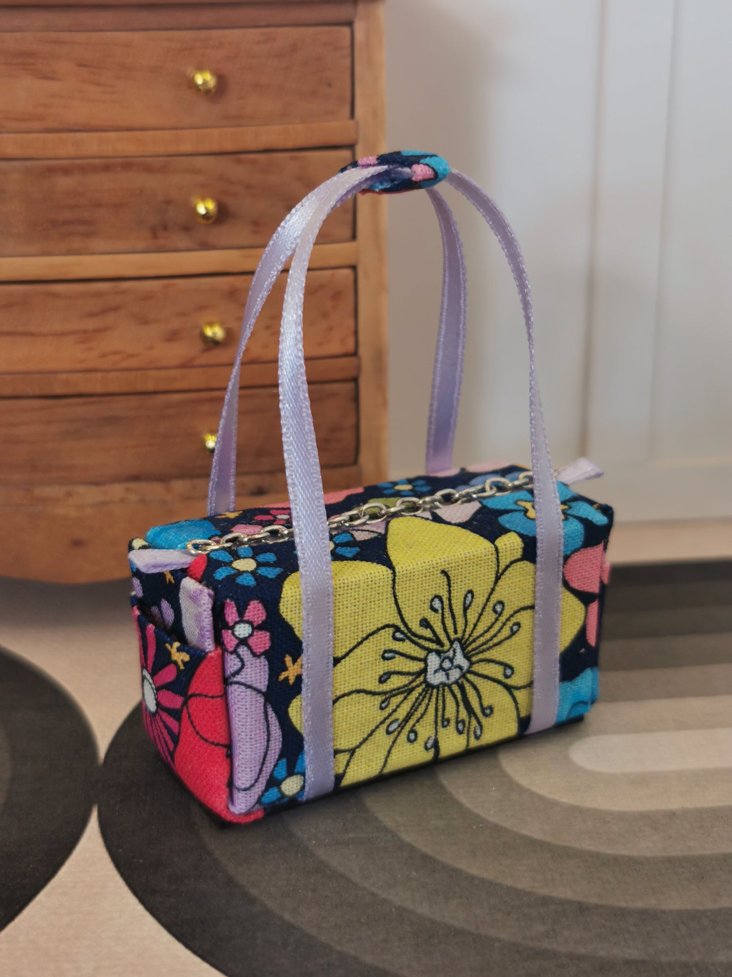 Navy Floral Fabric Overnight Bag | 1:12th Scale | Handmade