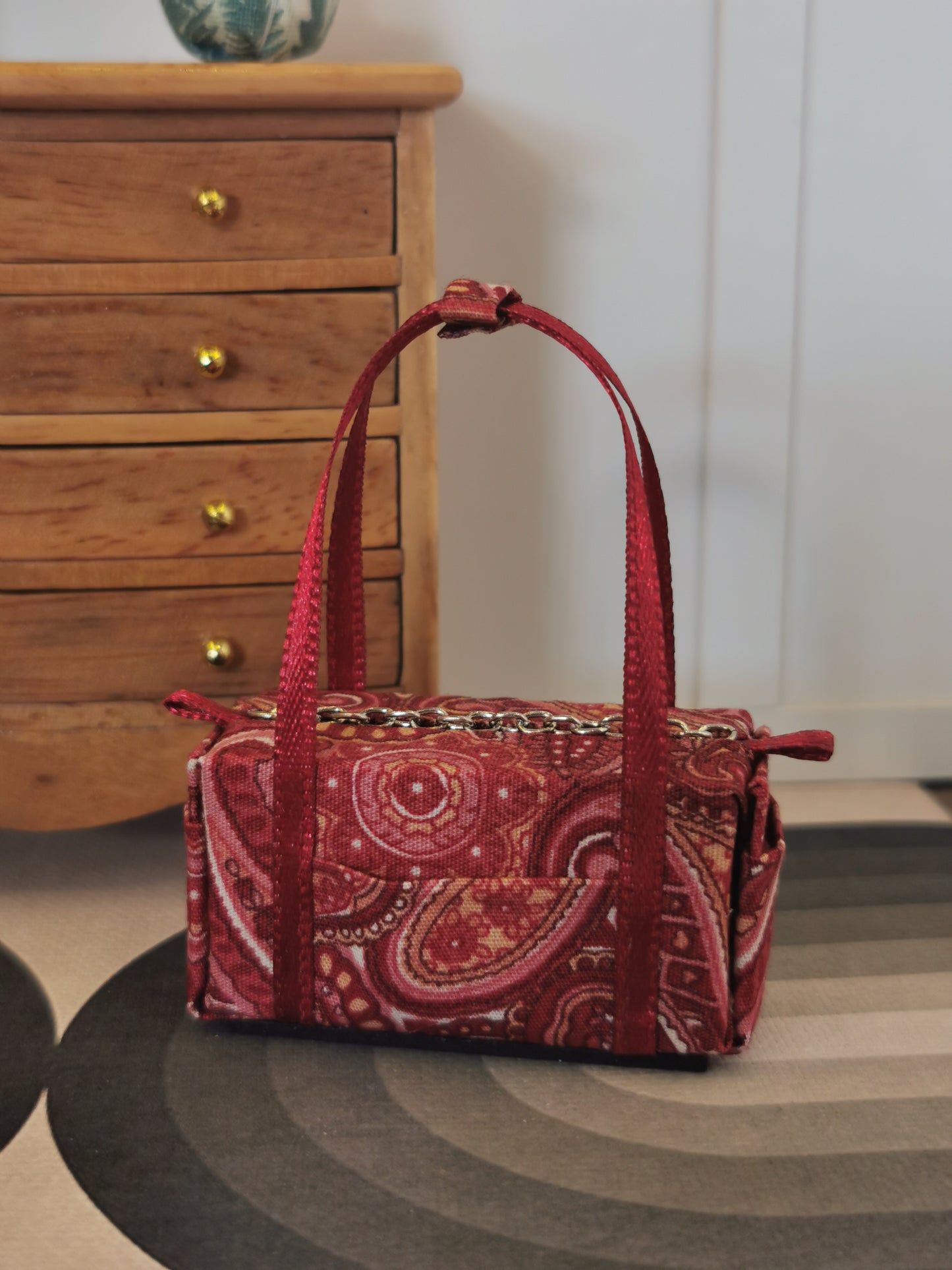 Red Paisley Fabric Overnight Bag | 1:12th Scale | Handmade