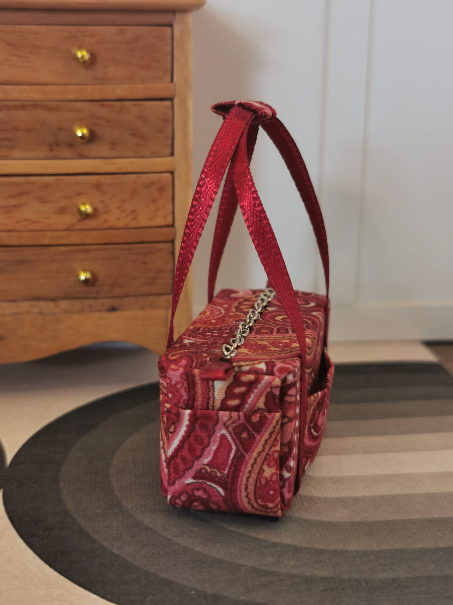 Red Paisley Fabric Overnight Bag | 1:12th Scale | Handmade