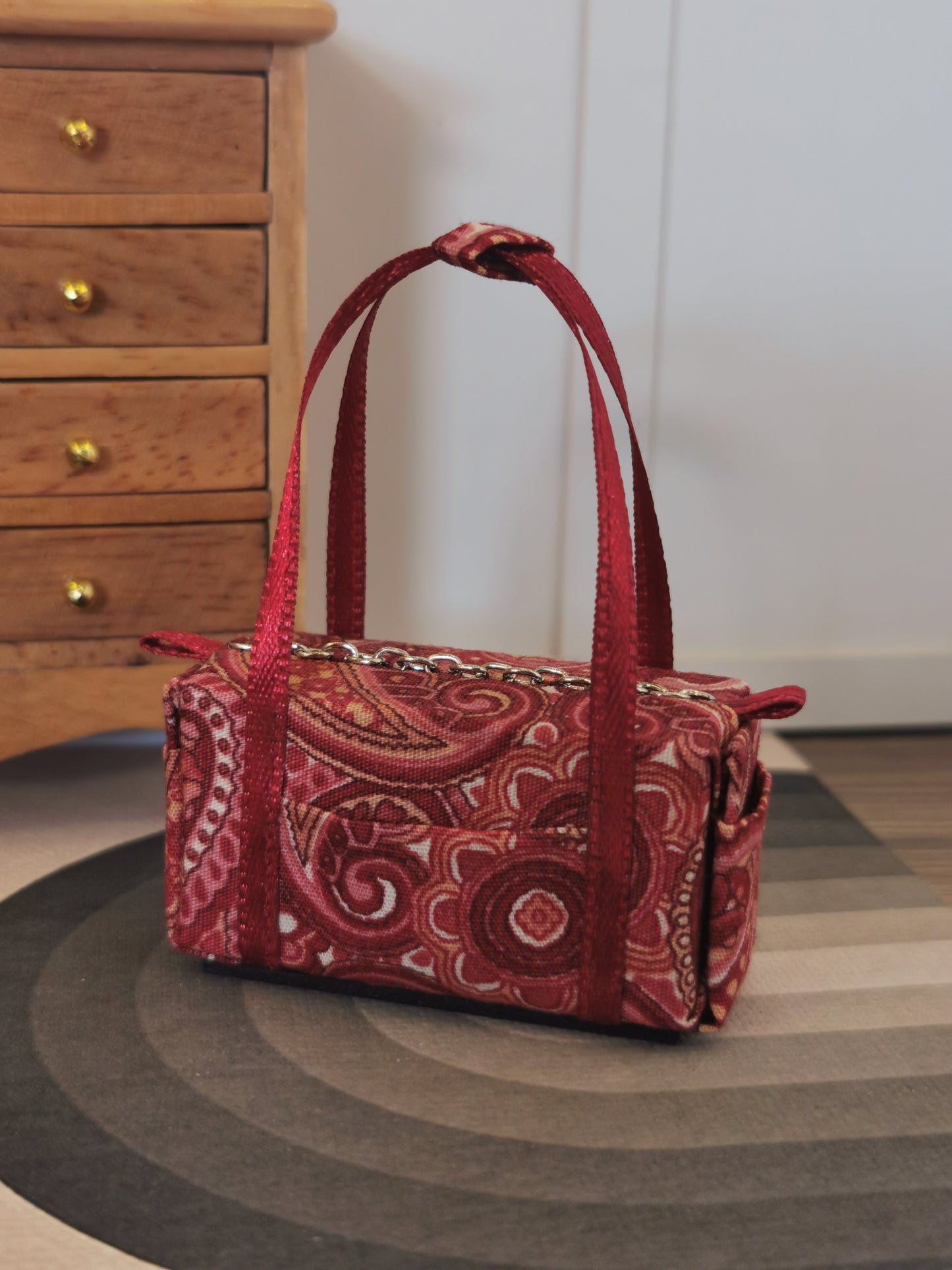 Red Paisley Fabric Overnight Bag | 1:12th Scale | Handmade