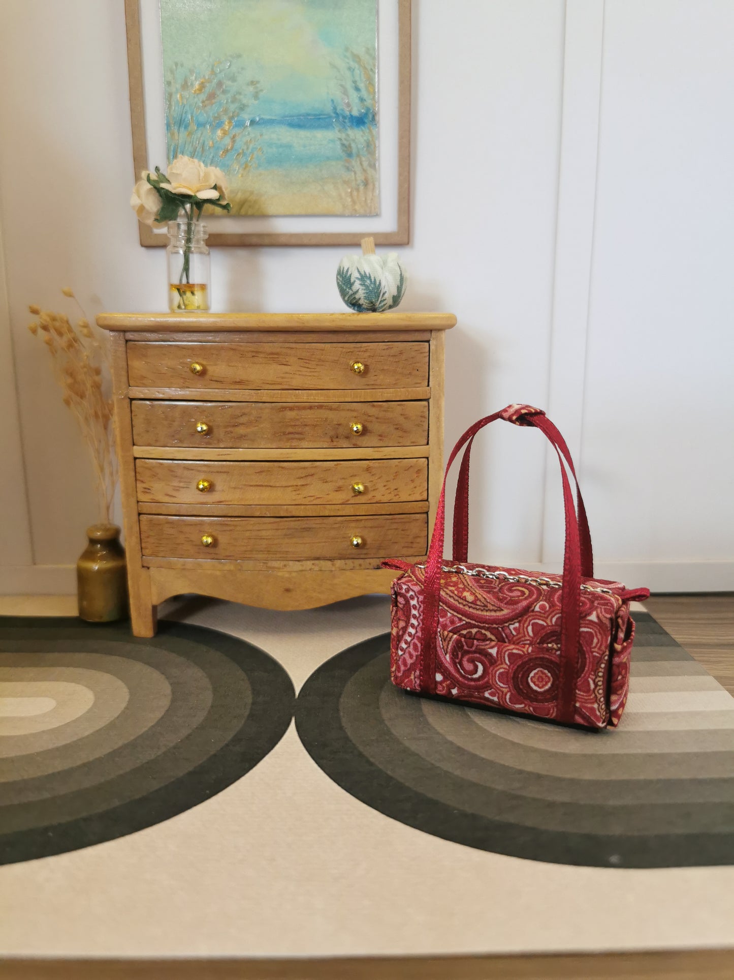 Red Paisley Fabric Overnight Bag | 1:12th Scale | Handmade
