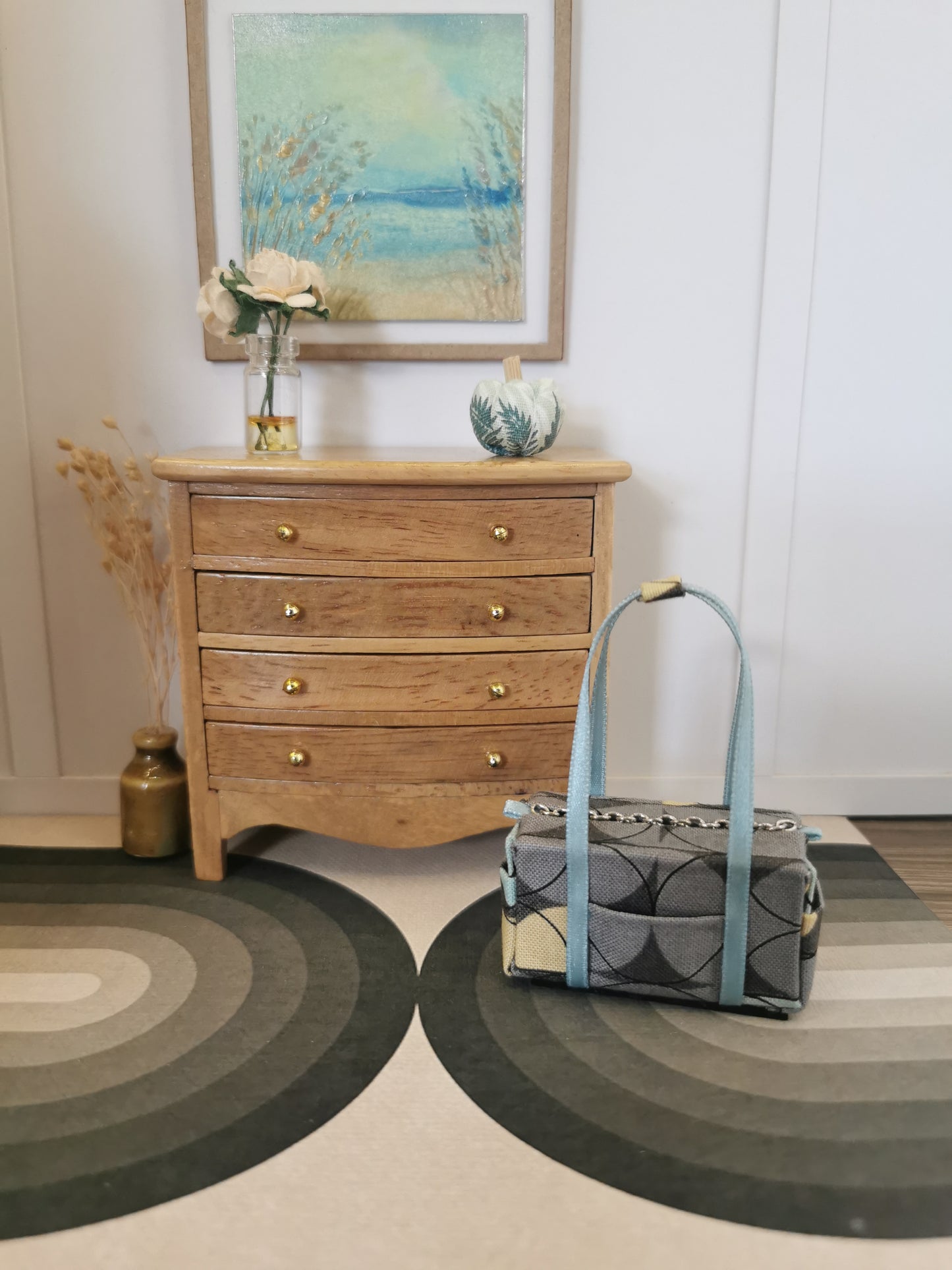 Grey & Duck Egg Fabric Overnight Bag | 1:12th Scale | Handmade