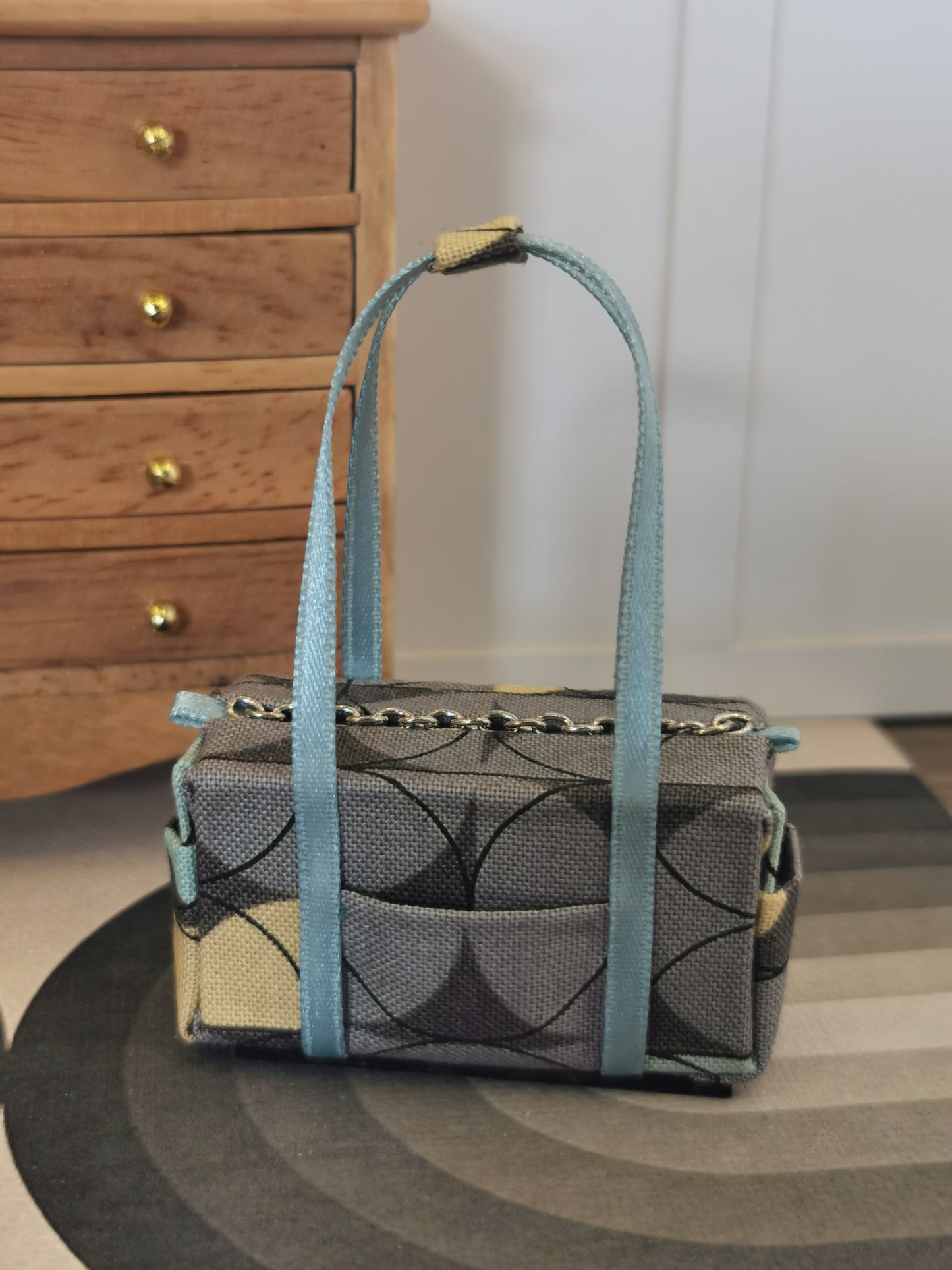 Grey & Duck Egg Fabric Overnight Bag | 1:12th Scale | Handmade