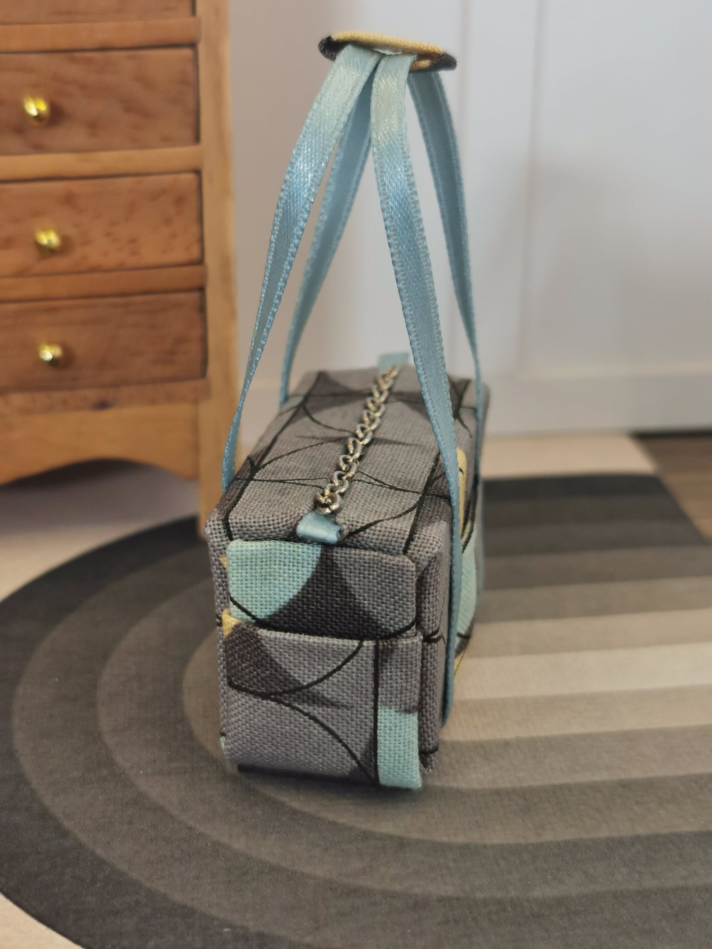Grey & Duck Egg Fabric Overnight Bag | 1:12th Scale | Handmade