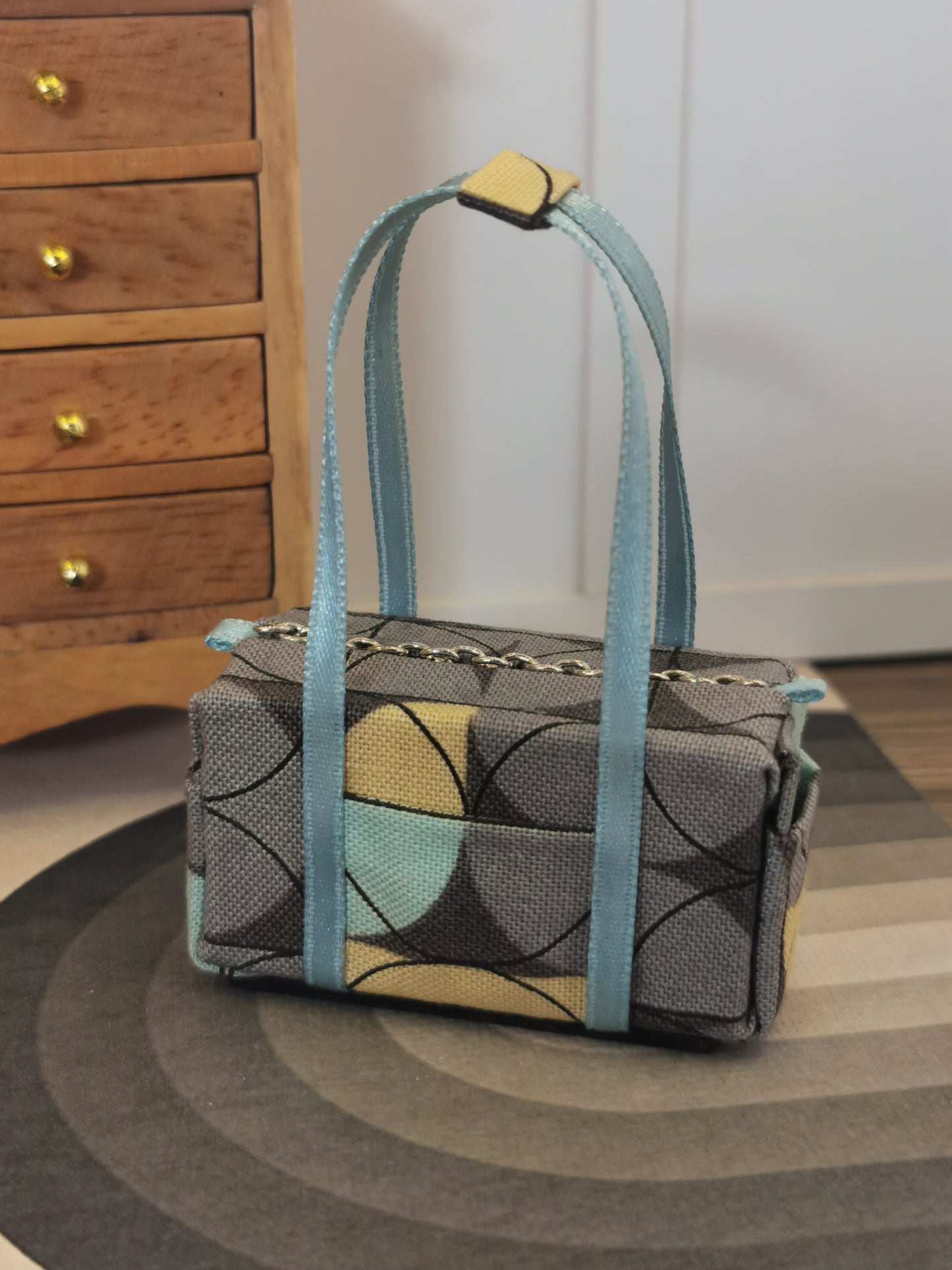 Grey & Duck Egg Fabric Overnight Bag | 1:12th Scale | Handmade