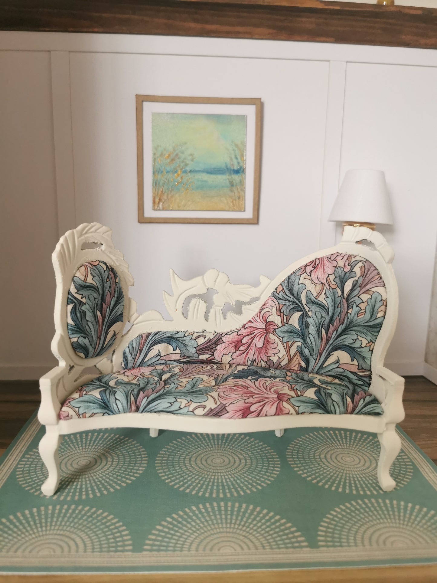 Ornate Sofa in Cream, Purple, Pink & Teal Swirl Print | 1:12th Scale