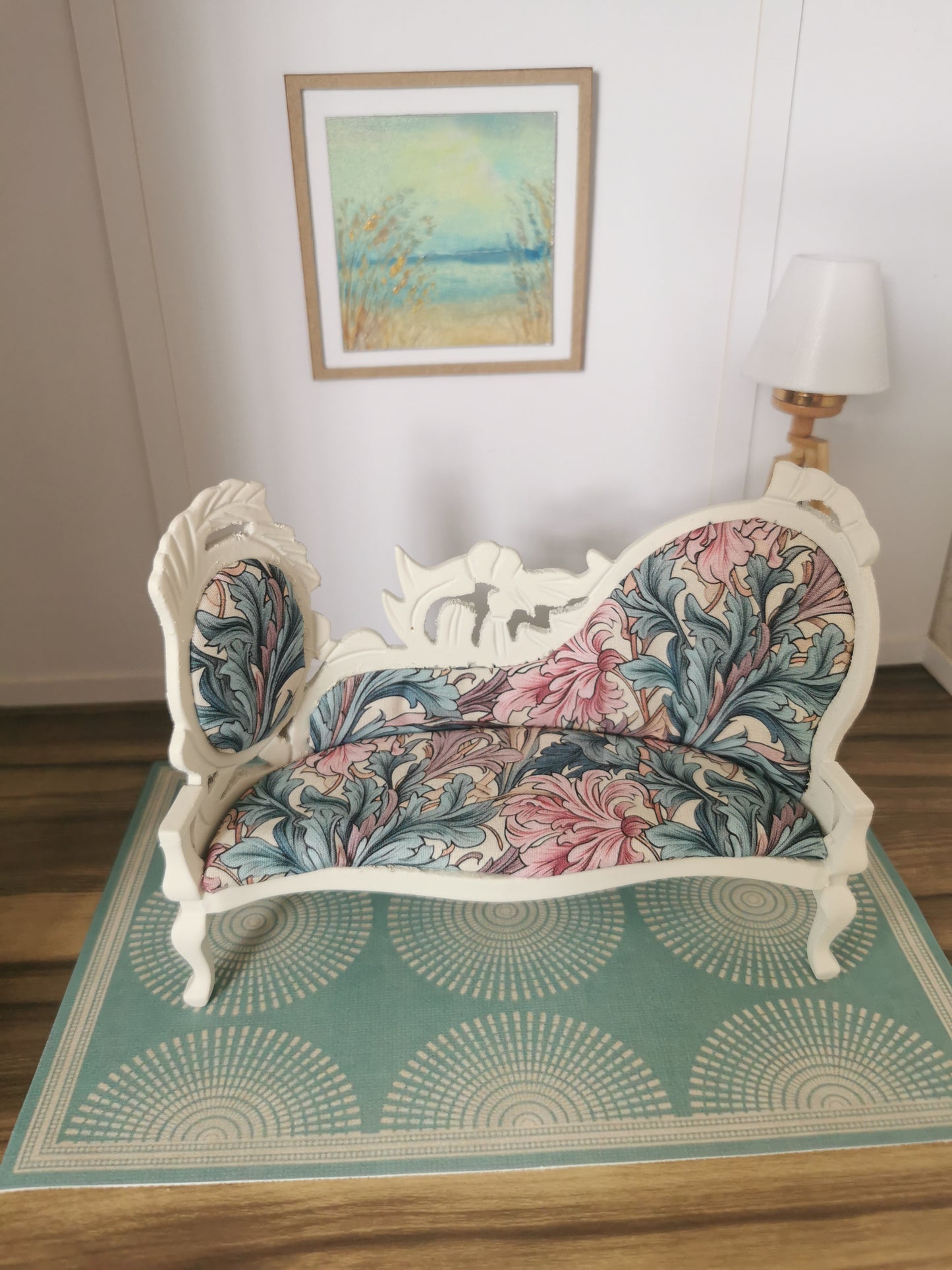 Ornate Sofa in Cream, Purple, Pink & Teal Swirl Print | 1:12th Scale