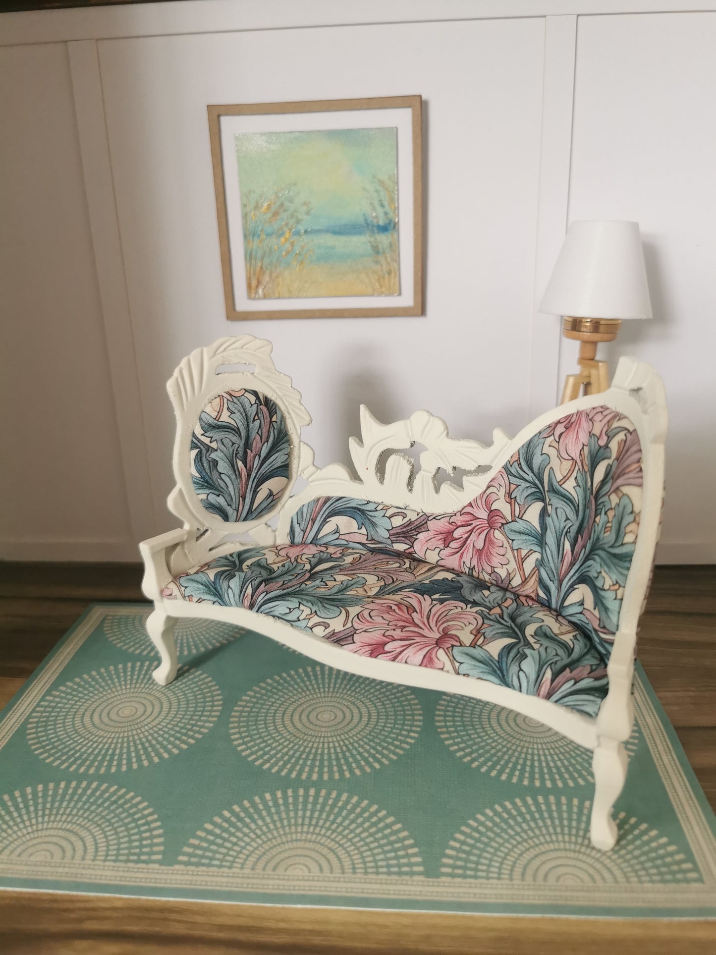 Ornate Sofa in Cream, Purple, Pink & Teal Swirl Print | 1:12th Scale