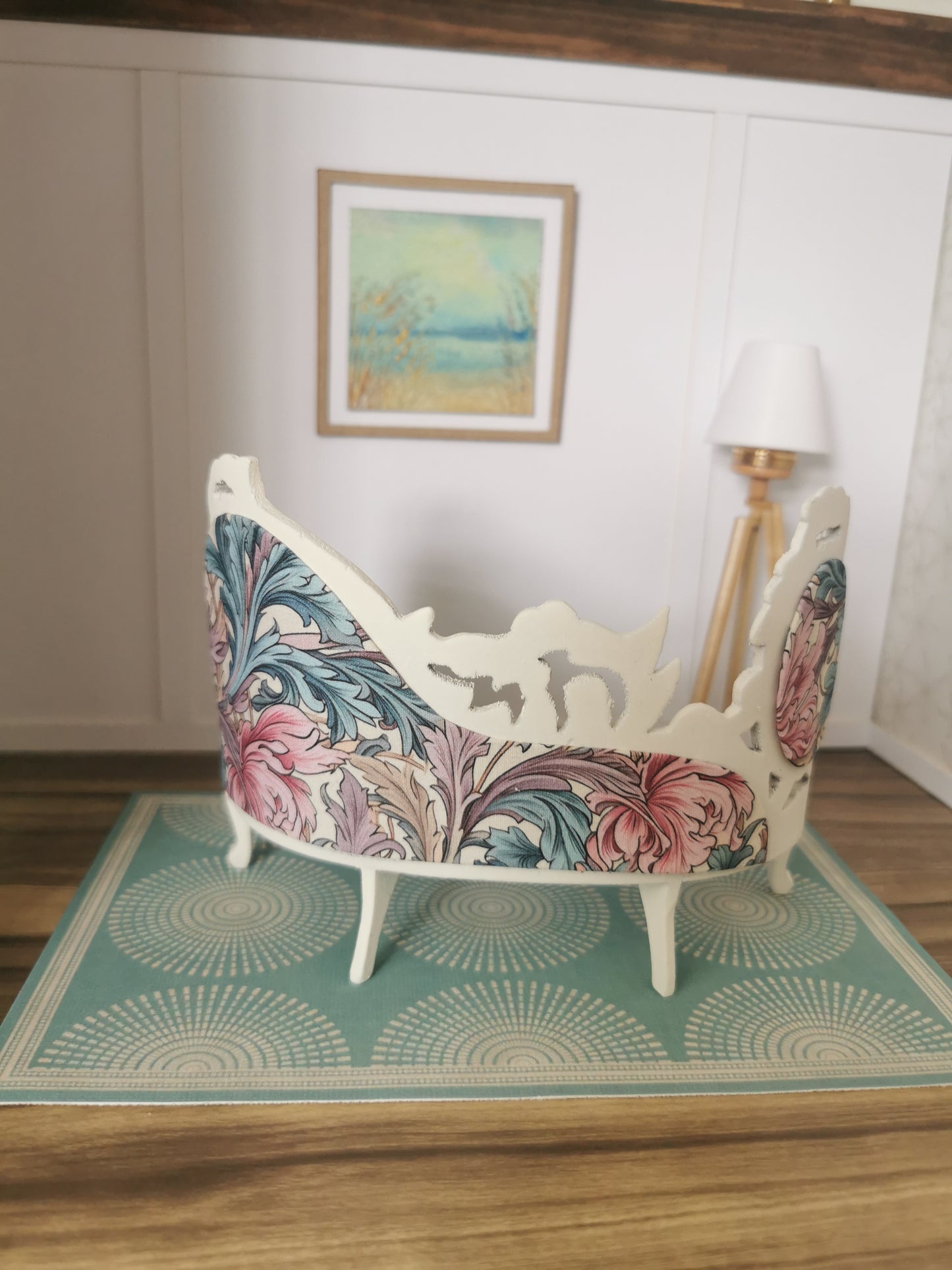 Ornate Sofa in Cream, Purple, Pink & Teal Swirl Print | 1:12th Scale