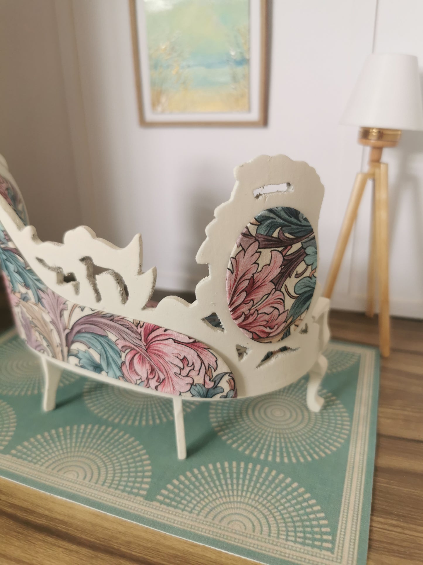 Ornate Sofa in Cream, Purple, Pink & Teal Swirl Print | 1:12th Scale