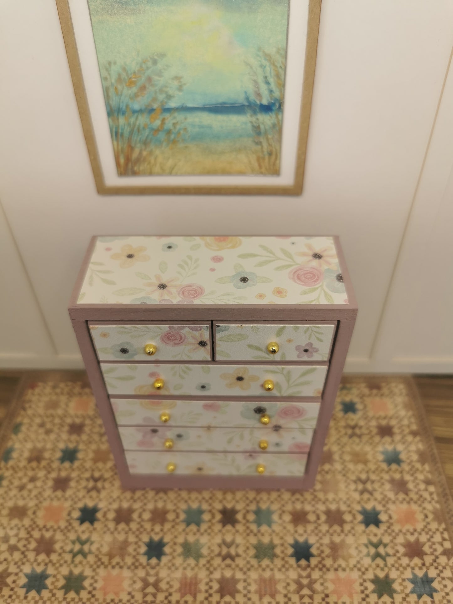 Chest Drawer in Pink Floral Print | 1:12th Scale | Hand Finished
