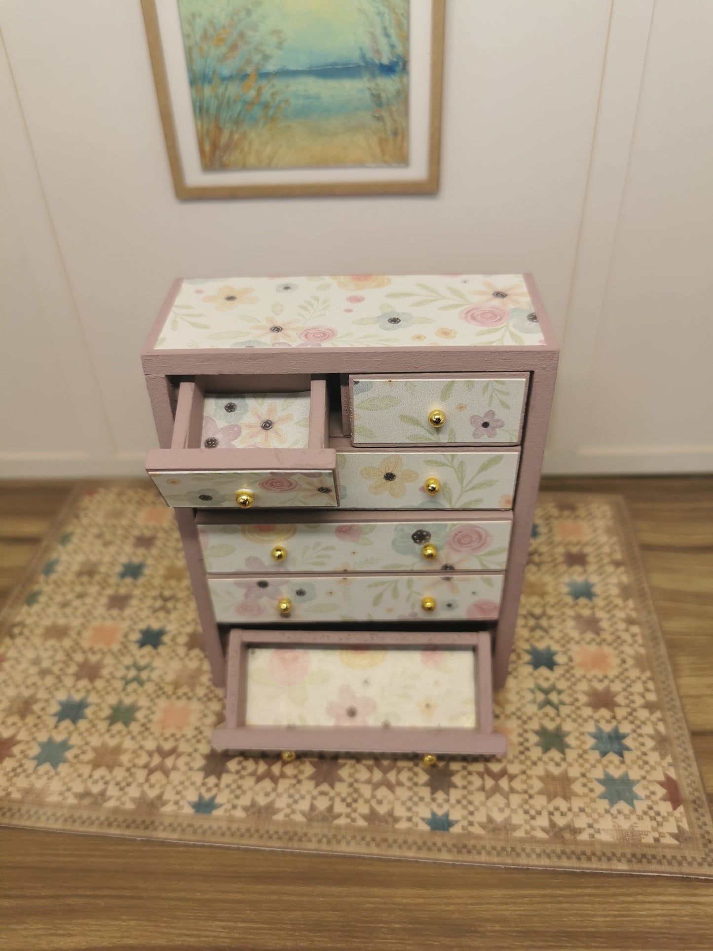 Chest Drawer in Pink Floral Print | 1:12th Scale | Hand Finished