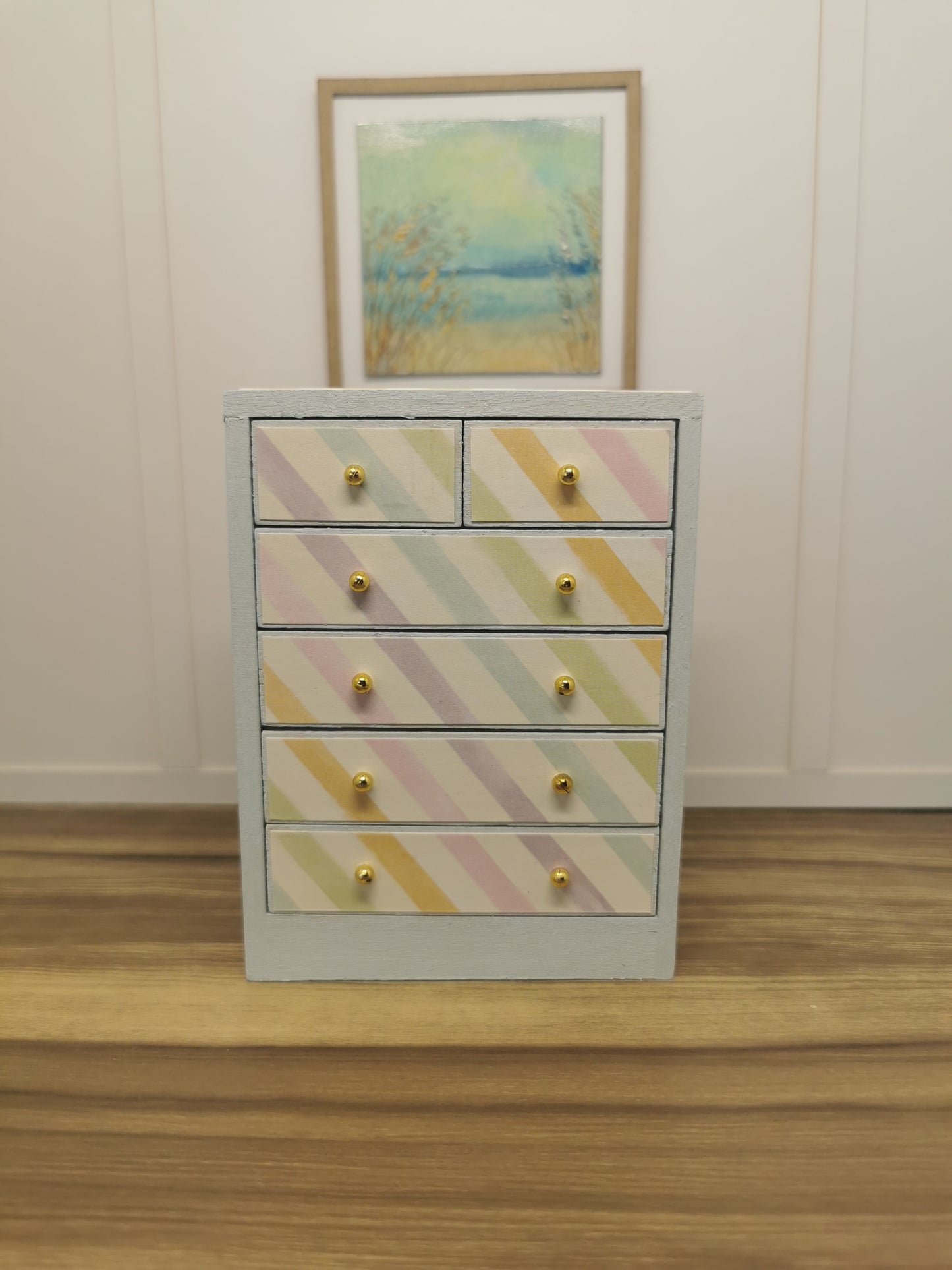 Chest Drawer in Light Blue Stripe Print | 1:12th Scale | Hand Finished