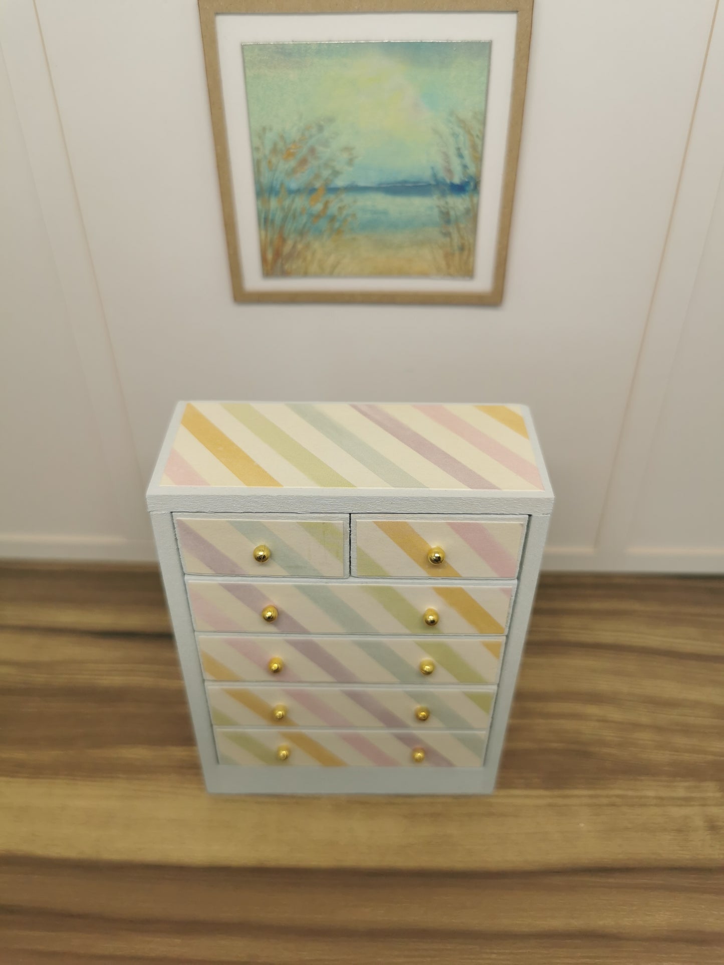 Chest Drawer in Light Blue Stripe Print | 1:12th Scale | Hand Finished