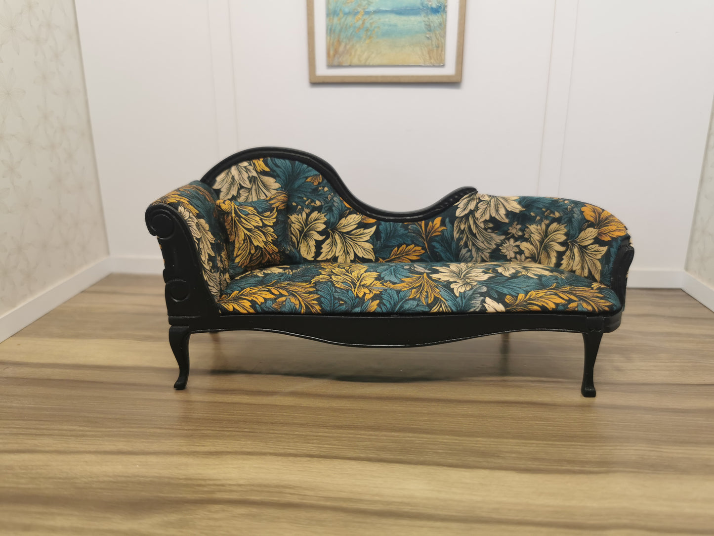 Black Chaise Longue with Floral Print | 1:12th Scale | Hand Finished