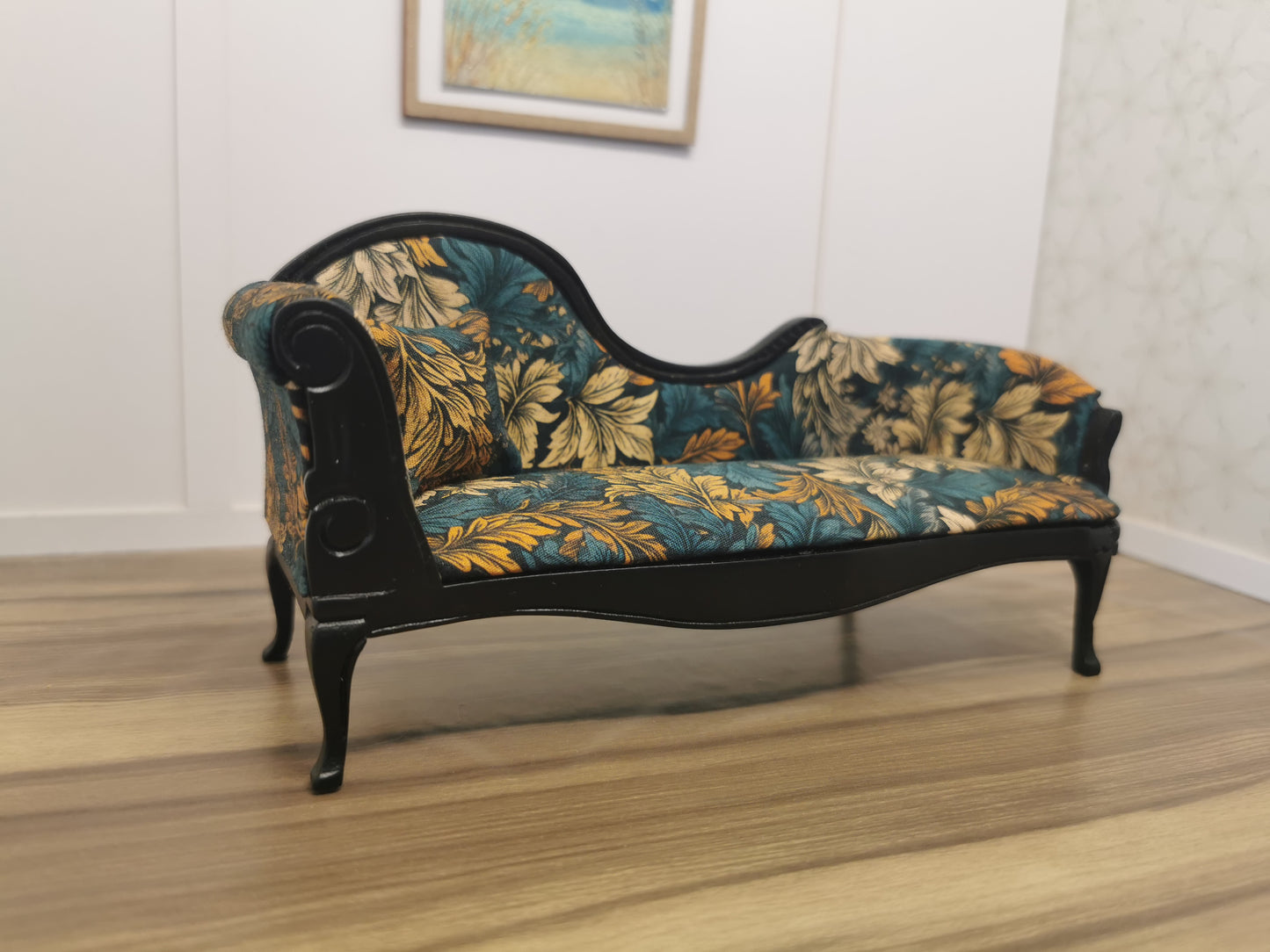 Black Chaise Longue with Floral Print | 1:12th Scale | Hand Finished